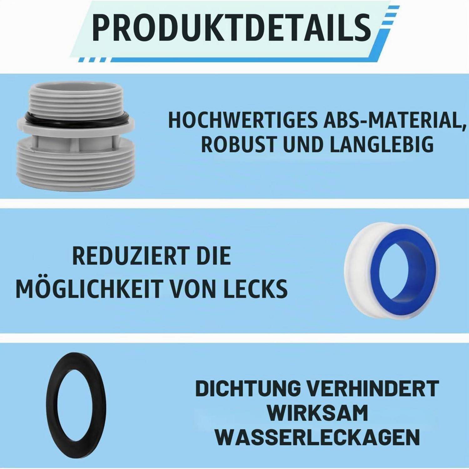 Hochwertiges ABS-Material, robust und langlebig, reduziert Undichtigkeiten und die Dichtung verhindert Wasserlecks.