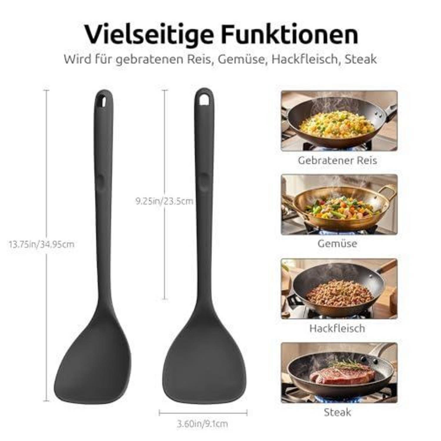 Produktgrafik eines schwarzen Kochmesser-Spatels, 13,75 Zoll lang und 3,6 Zoll breit, mit der Aufschrift 