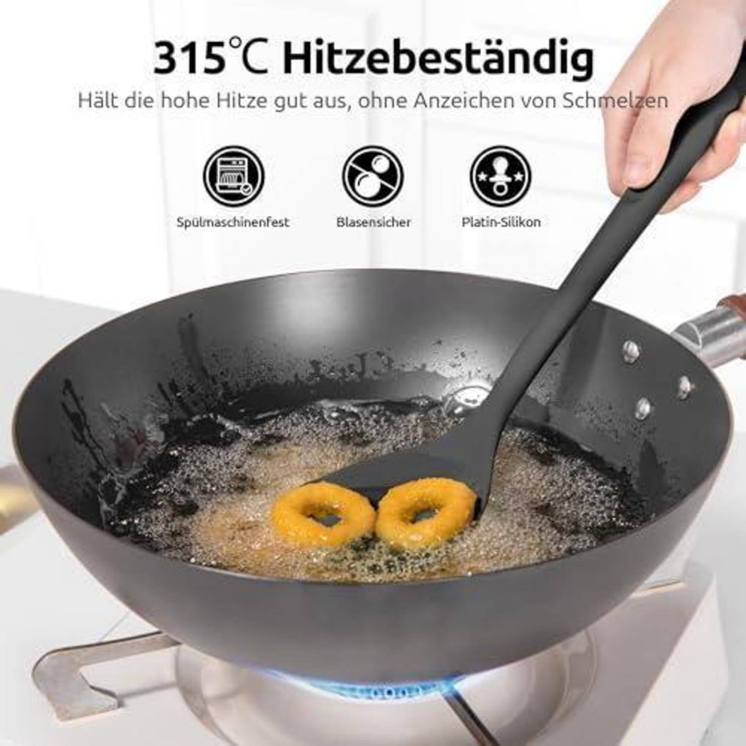 Silikonspatel rührt Speisen in einem Wok über einer Gasflamme, mit deutschem Text, der Hitzebeständigkeit bis 315°C und spülmaschinenfeste, BPA-freie Materialien bewirbt.