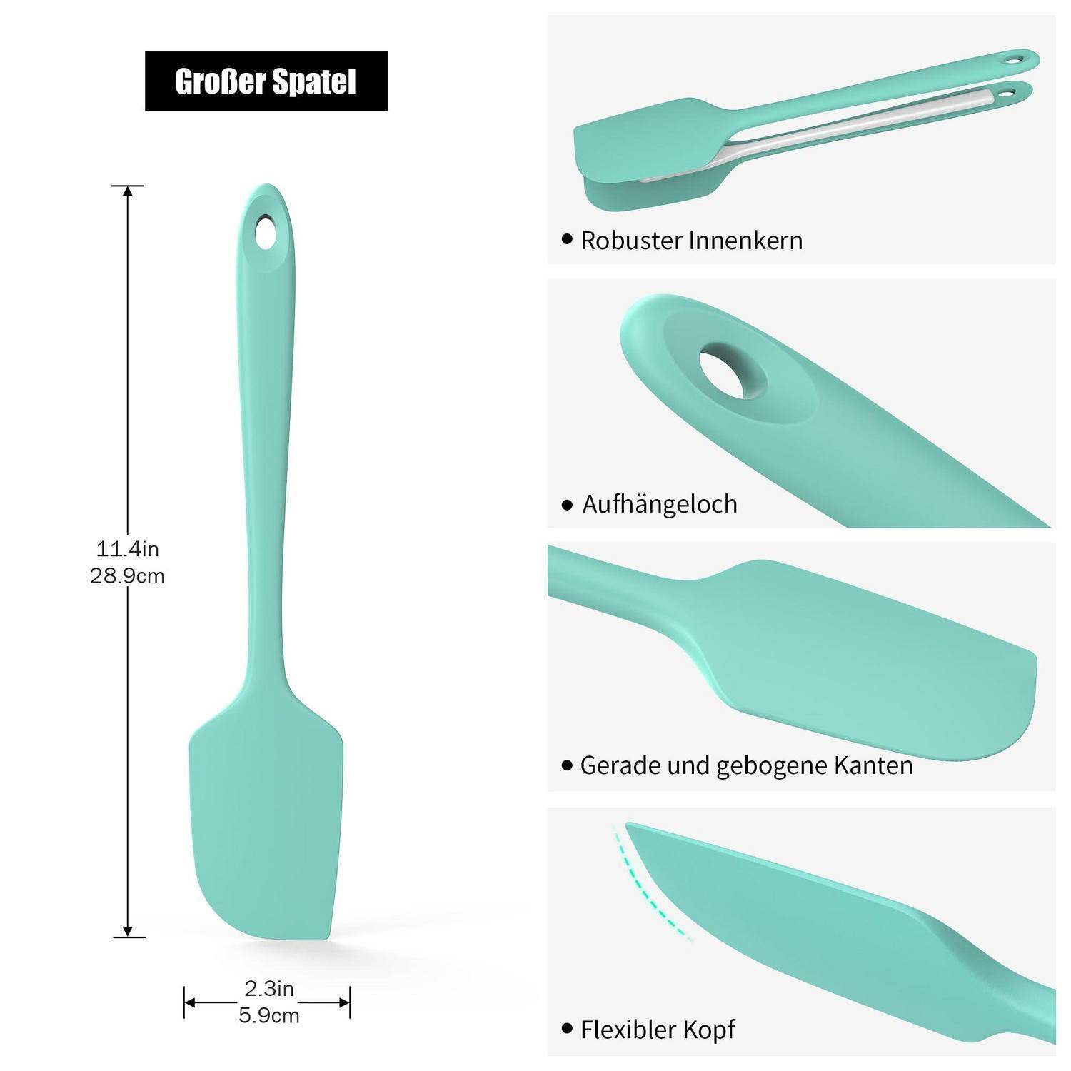 Produktabbildung eines großen mintgrünen Spatels, 11,4 Zoll lang und 2,3 Zoll breit, mit Beschriftungen für stabilen Innenkern, Aufhängeloch, gerade und gebogene Kanten sowie flexiblen Kopf.