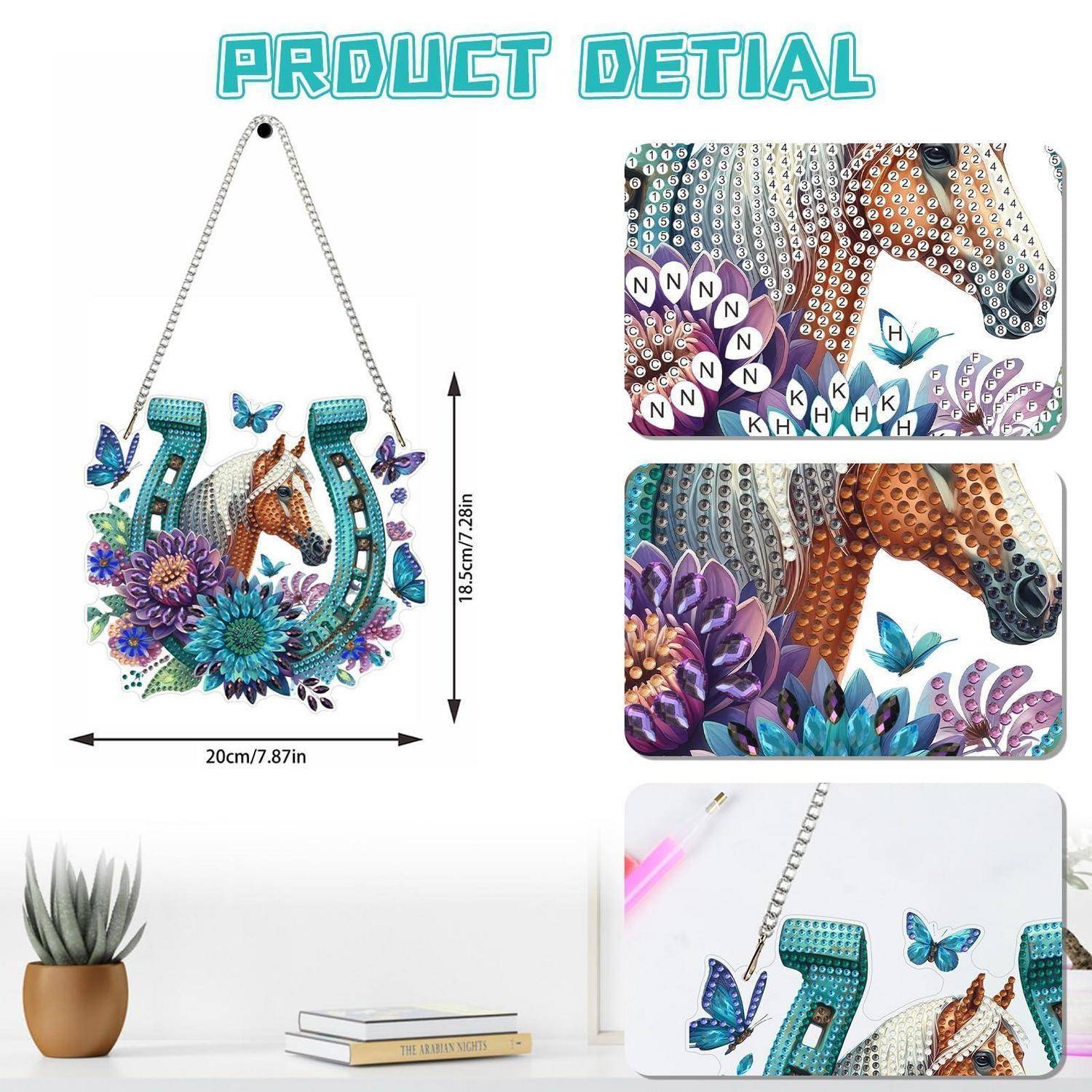 Produktdetailbild einer diamantgemalten, pferdeförmigen Wanddekoration mit Schmetterlingen und Blumen, dargestellt mit vergrößerter Perlentextur und Größenmessungen.