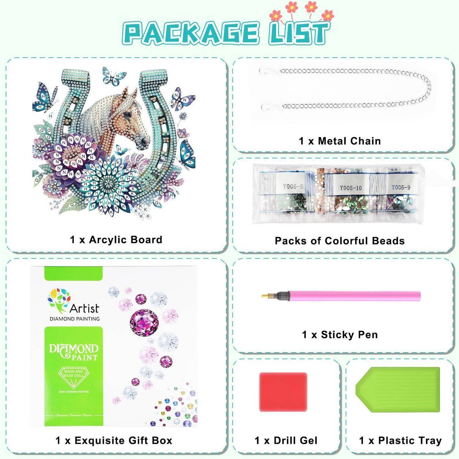 Diamantmalerei-Paketliste mit 1 Acrylplatte, Metallkette, bunten Perlen, Geschenkbox, Klebestift, Bohrgel und Kunststofftablett.