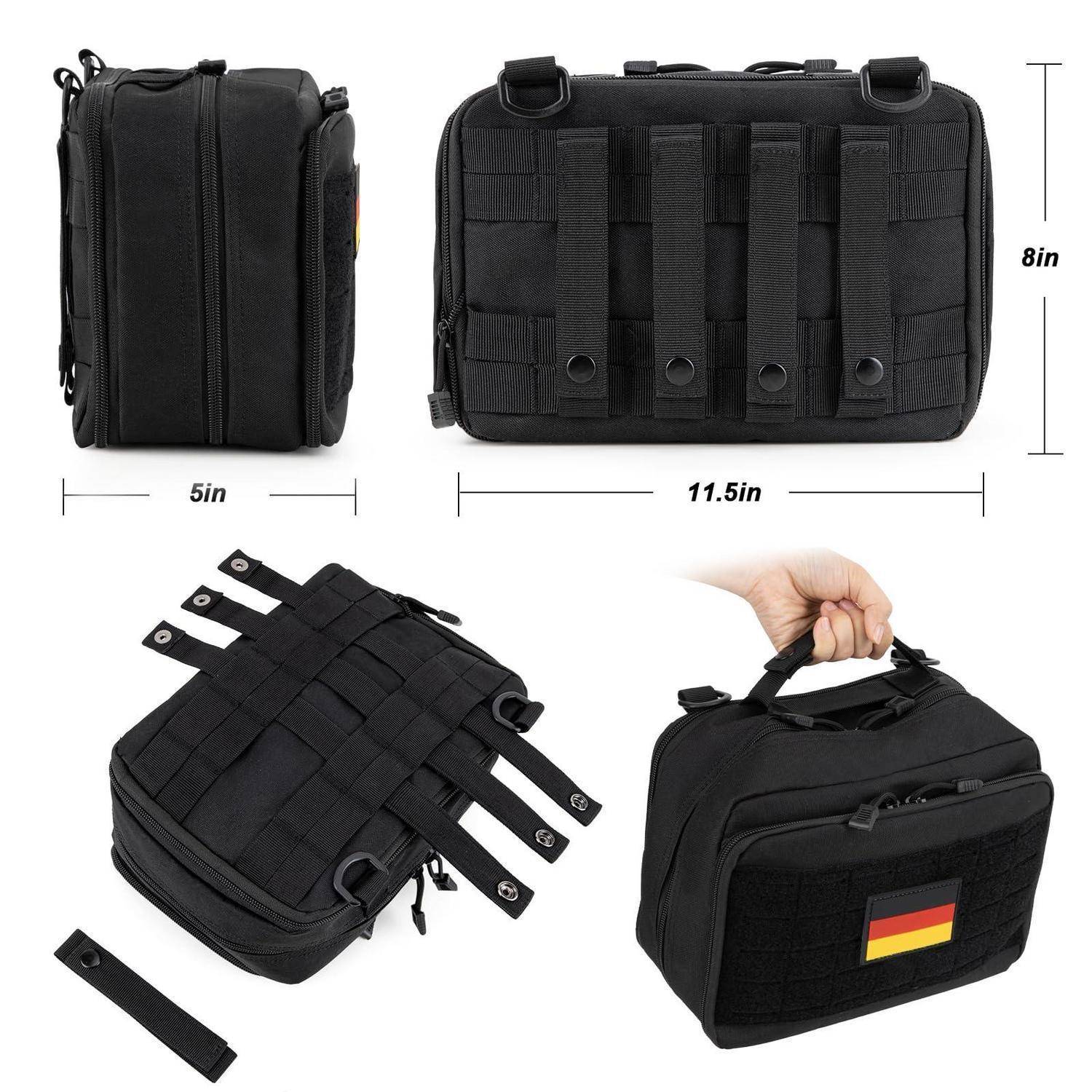 Schwarze Tasche im Taktik-Design von mehreren Winkeln gezeigt, mit Abmessungen von 11,5 x 8 x 5 Zoll, MOLLE-Riemen und Tragegriff mit deutschem Flaggenpatch.