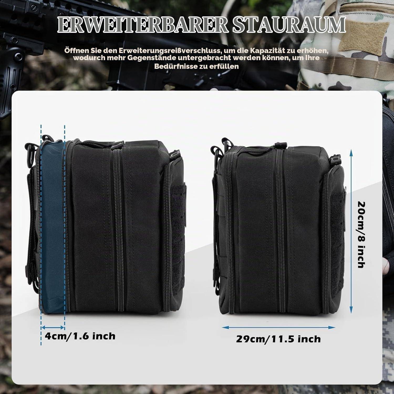 Grafik zum Vergleich der Größe einer schwarzen Tasche mit erweitertem Stauraum; zeigt Abmessungen von 29 cm Breite, 20 cm Höhe und 4 cm Tiefe.