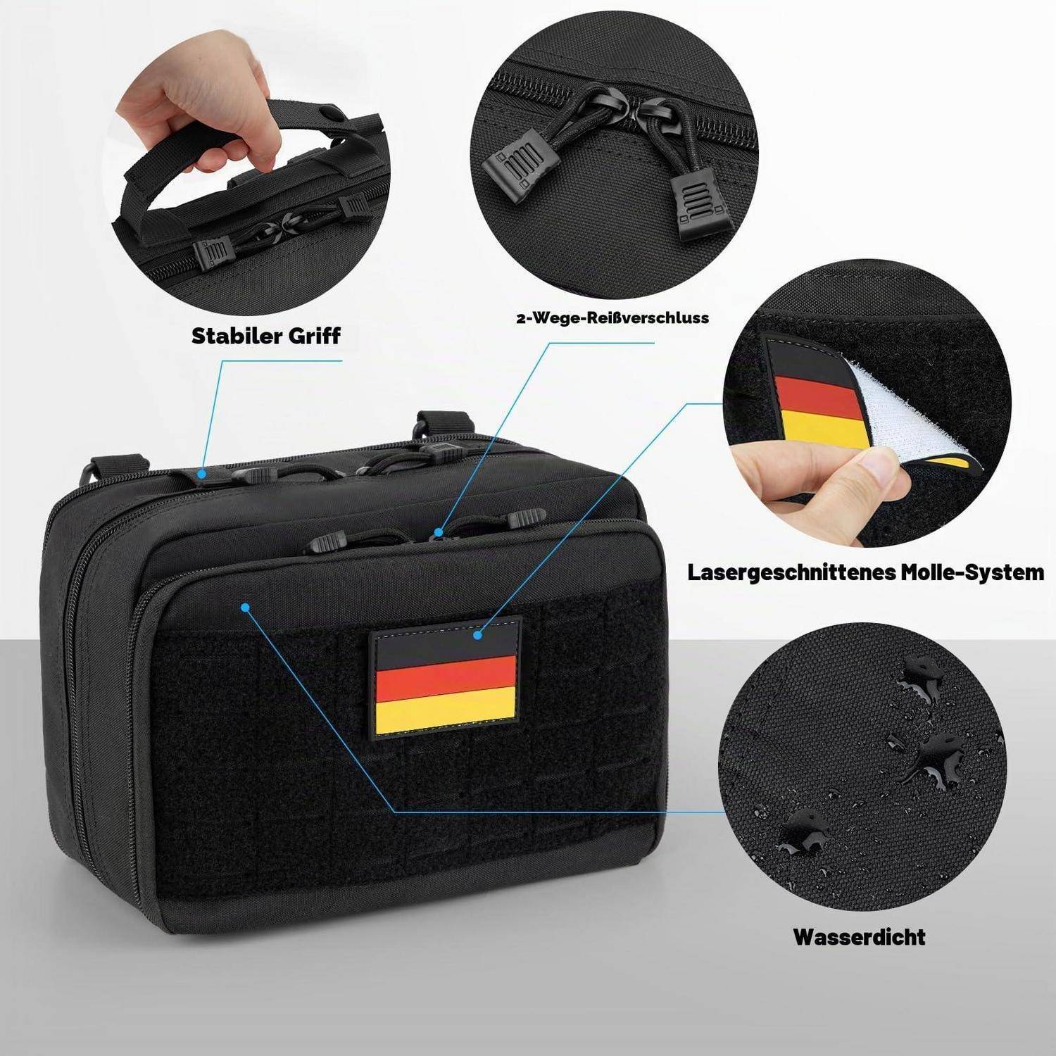 Schwarze Tasche im Taktik-Stil mit Tragegriff, Zwei-Wege-Reißverschluss, lasergeschnittenes MOLLE-Panel, Deutschlandflaggen-Patch und wasserdichtem Material; eingefügte Nahaufnahmen zeigen Merkmale mit deutschen Beschriftungen.