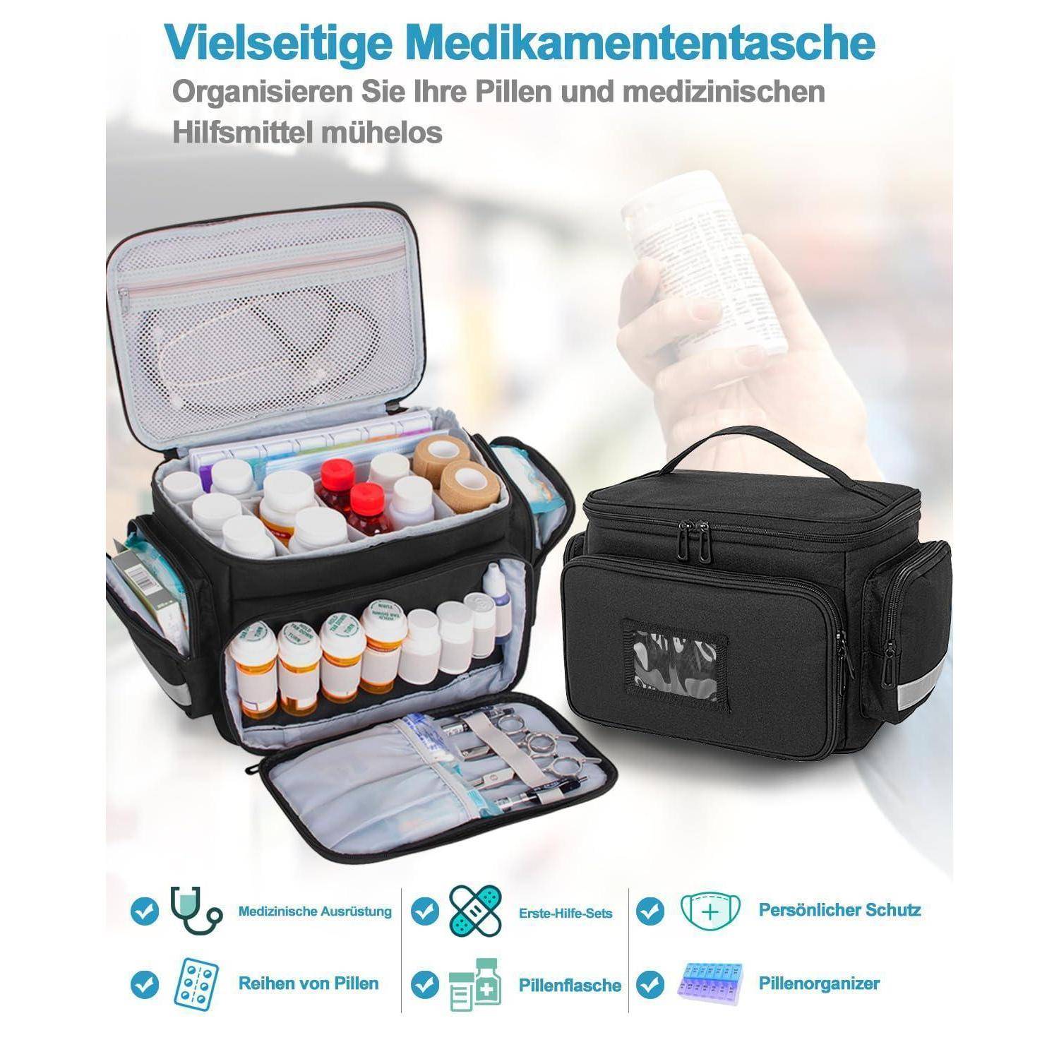 Produktanzeige für eine vielseitige Medizintasche, die eine offene schwarze Organizer zeigt, gefüllt mit Pillenflaschen und medizinischen Utensilien, plus eine geschlossene Tasche mit Schultergurt und deutschen Funktionssymbolen.