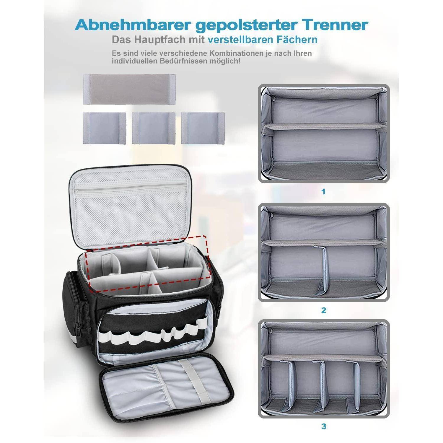 Produktdiagramm eines abnehmbaren gepolsterten Trennelements für eine Tasche, das verstellbare Fächer in drei Konfigurationen mit den Bezeichnungen 1, 2 und 3 zeigt.
