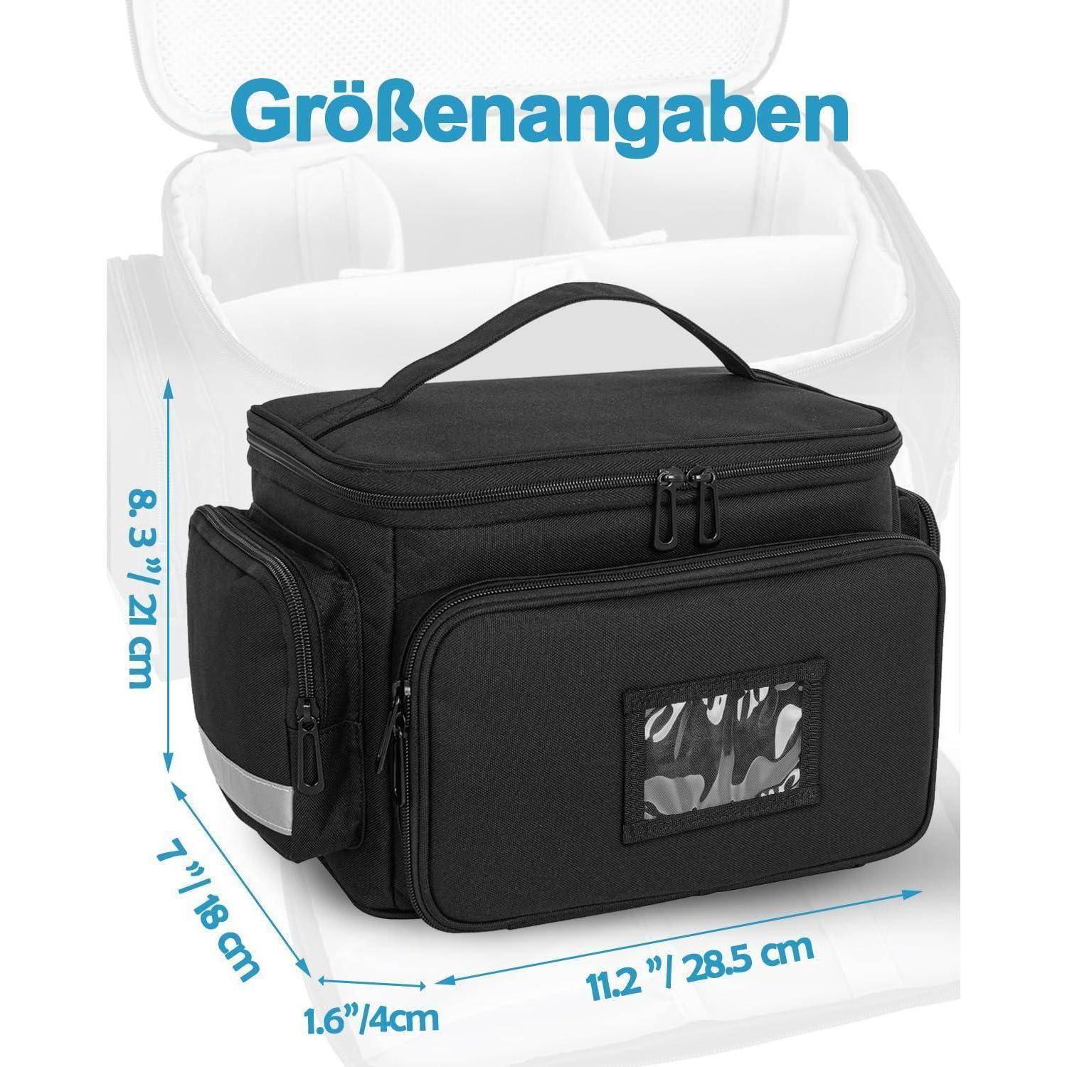 Schwarze isolierte Lunchbox mit Größenangaben: 11,2 x 7,1 x 8,3 Zoll und 1,6 Zoll Seitentiefe, mit Tragegriff oben und Frontfenster in der Tasche.