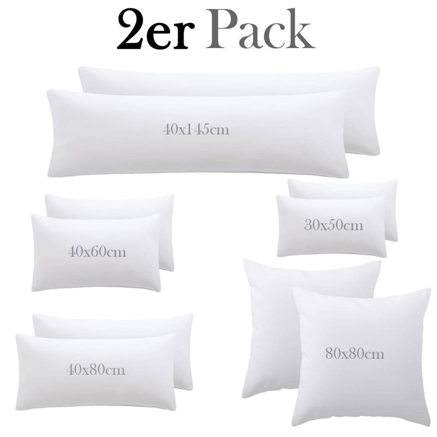 Produktbild zeigt ein „2er Pack" weißer Kissenbezüge in fünf Größen: 40x145 cm, 30x50 cm, 40x60 cm, 40x80 cm und 80x80 cm.