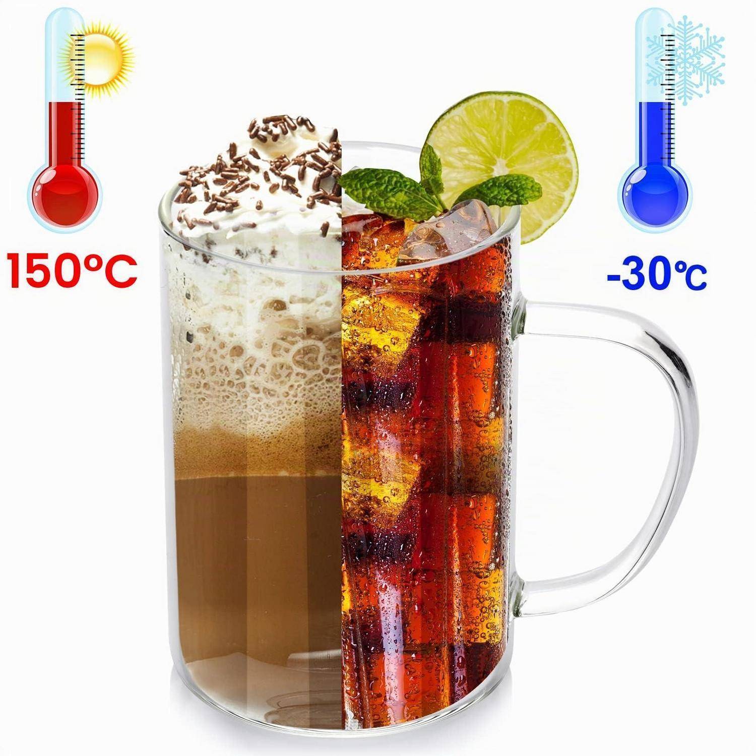 Glaskrug mit einem heißen Kaffee-und-Sahne-Getränk neben einer gekühlten Cola mit Limette und Minze, gekennzeichnet als sicher von 150°C bis -30°C.