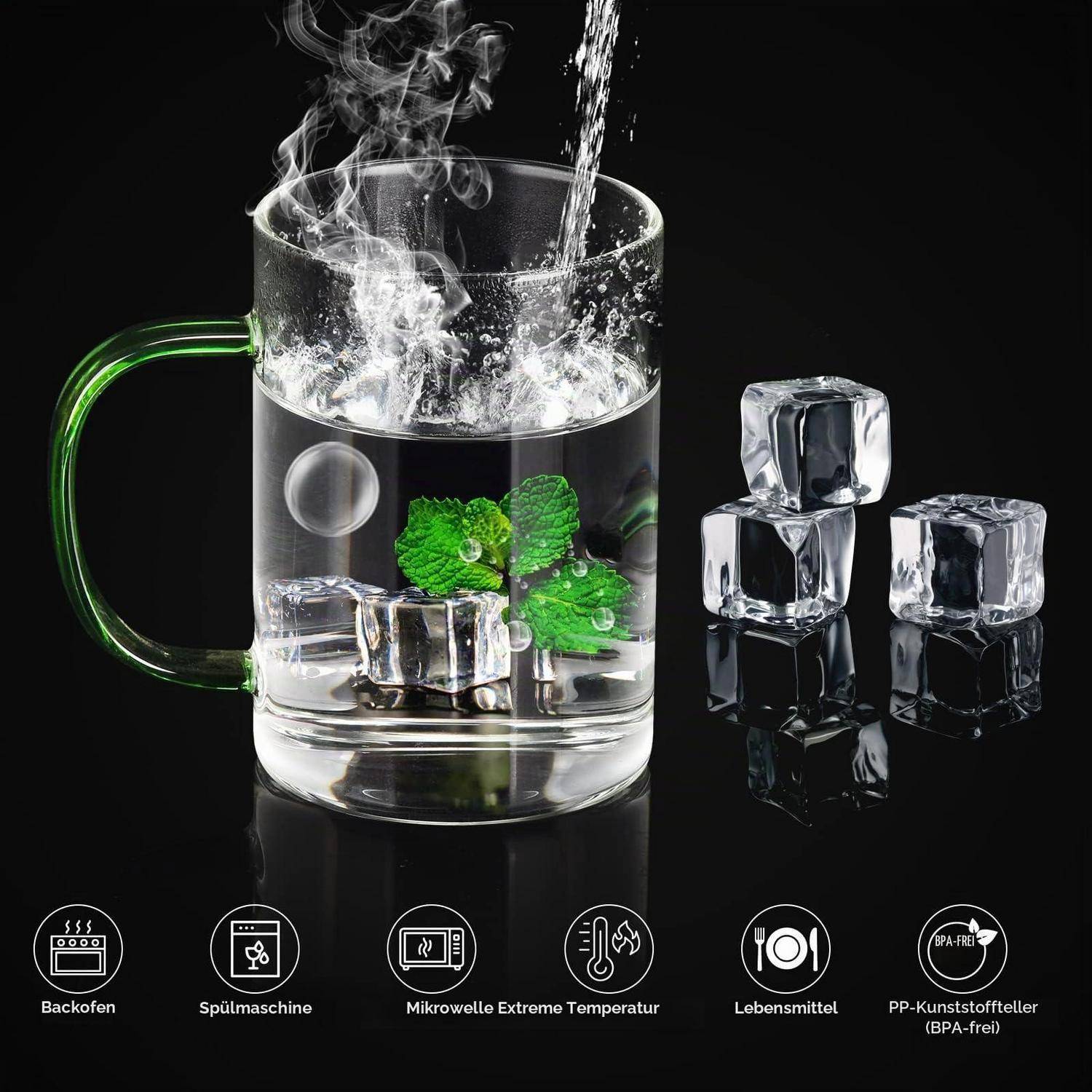 Glastasse mit heißem Wasser und Dampf, Eiswürfeln und einem Minzblatt, dargestellt als hitzebeständig; Symbole darunter zeigen Ofen, Geschirrspüler, Mikrowelle, lebensmittelsicher, BPA-frei.