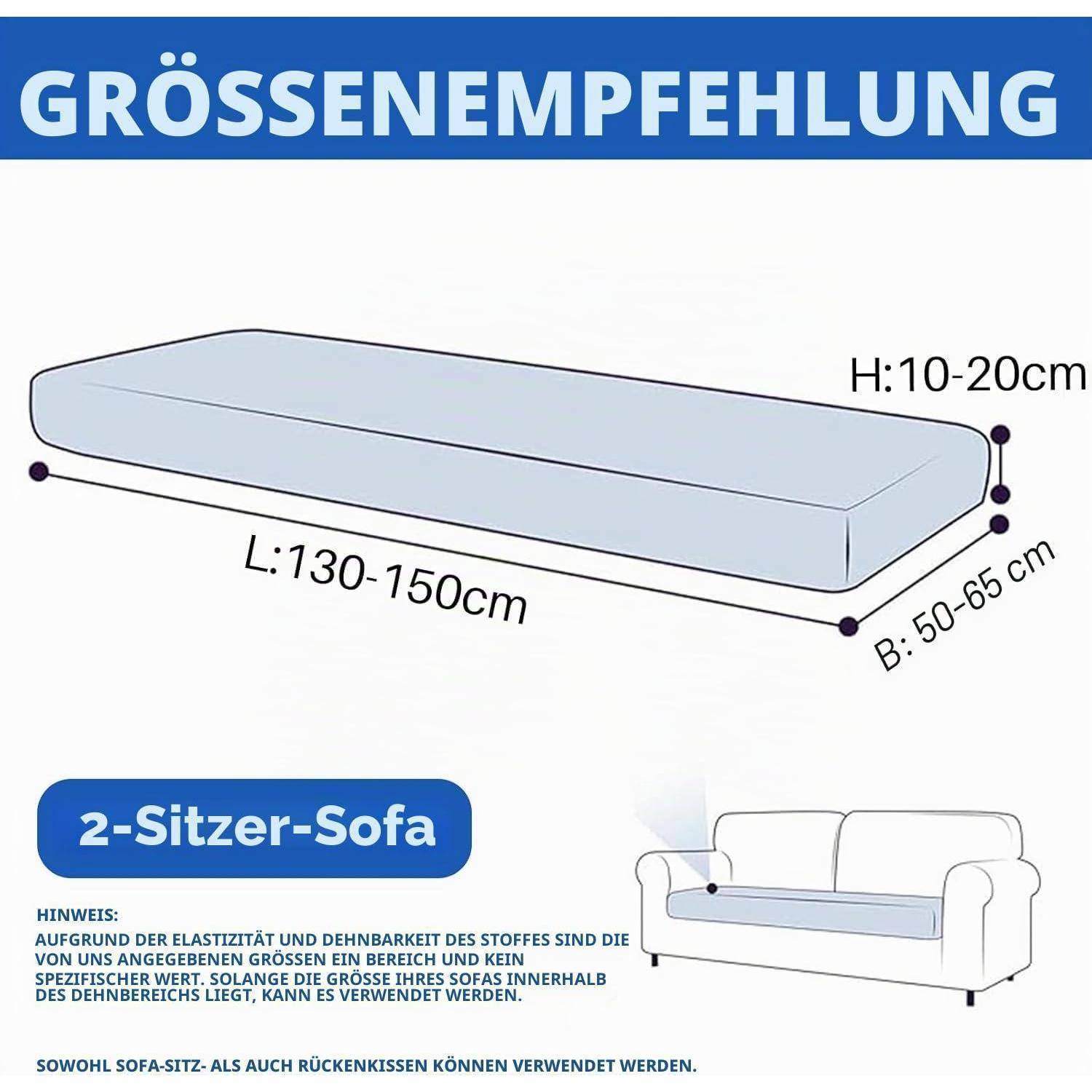 Größenempfehlungsdiagramm für einen Sofabezug für ein 2-Sitzer-Sofa: Länge 130-150 cm, Breite 50-65 cm, Höhe 10-20 cm; der Bezug passt auf Sitz und Rückenlehne.