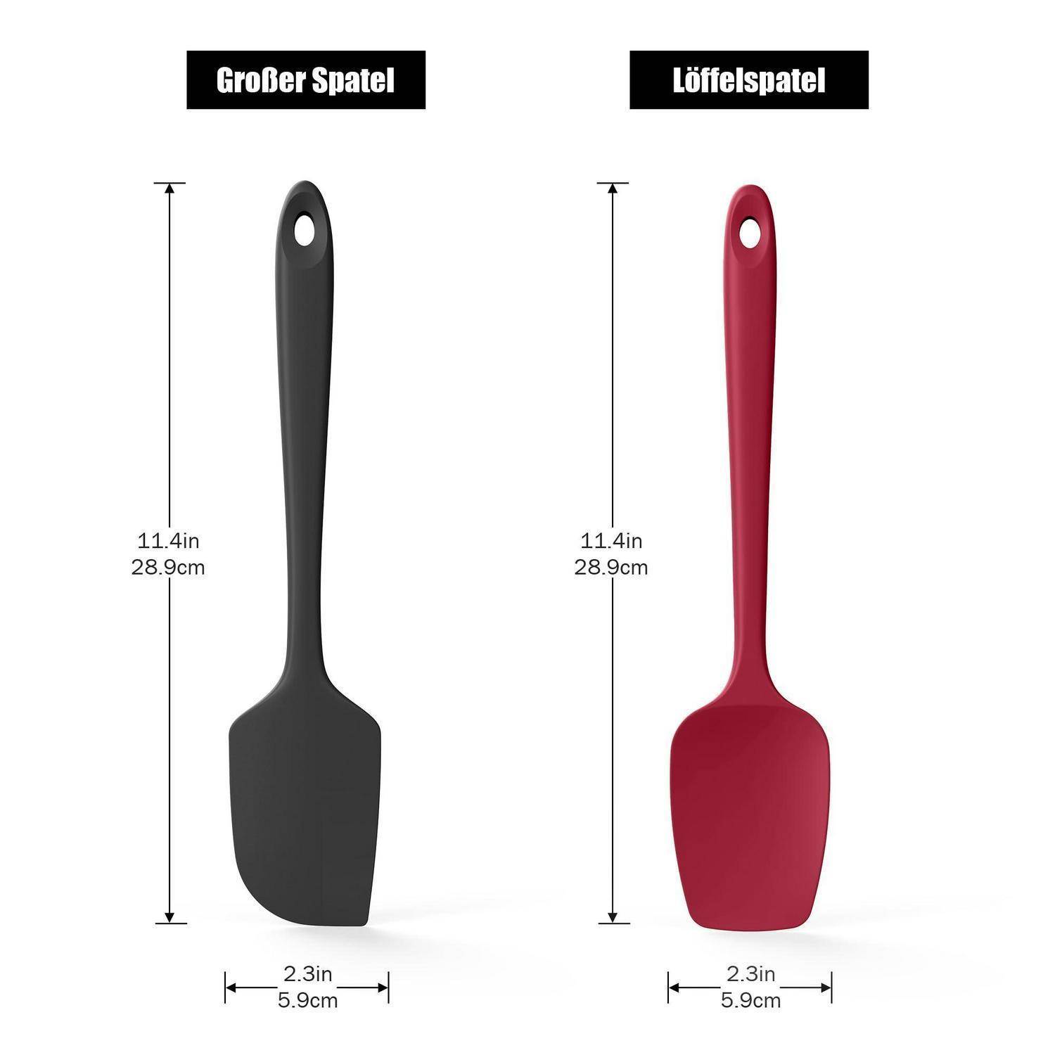 Vergleichsbild von zwei 28,96 Zentimeter Spateln: ein schwarzer 'Großer Spatel' und ein roter 'Löffelspatel', jeweils mit 5,84 Zentimeter Breite dargestellt.