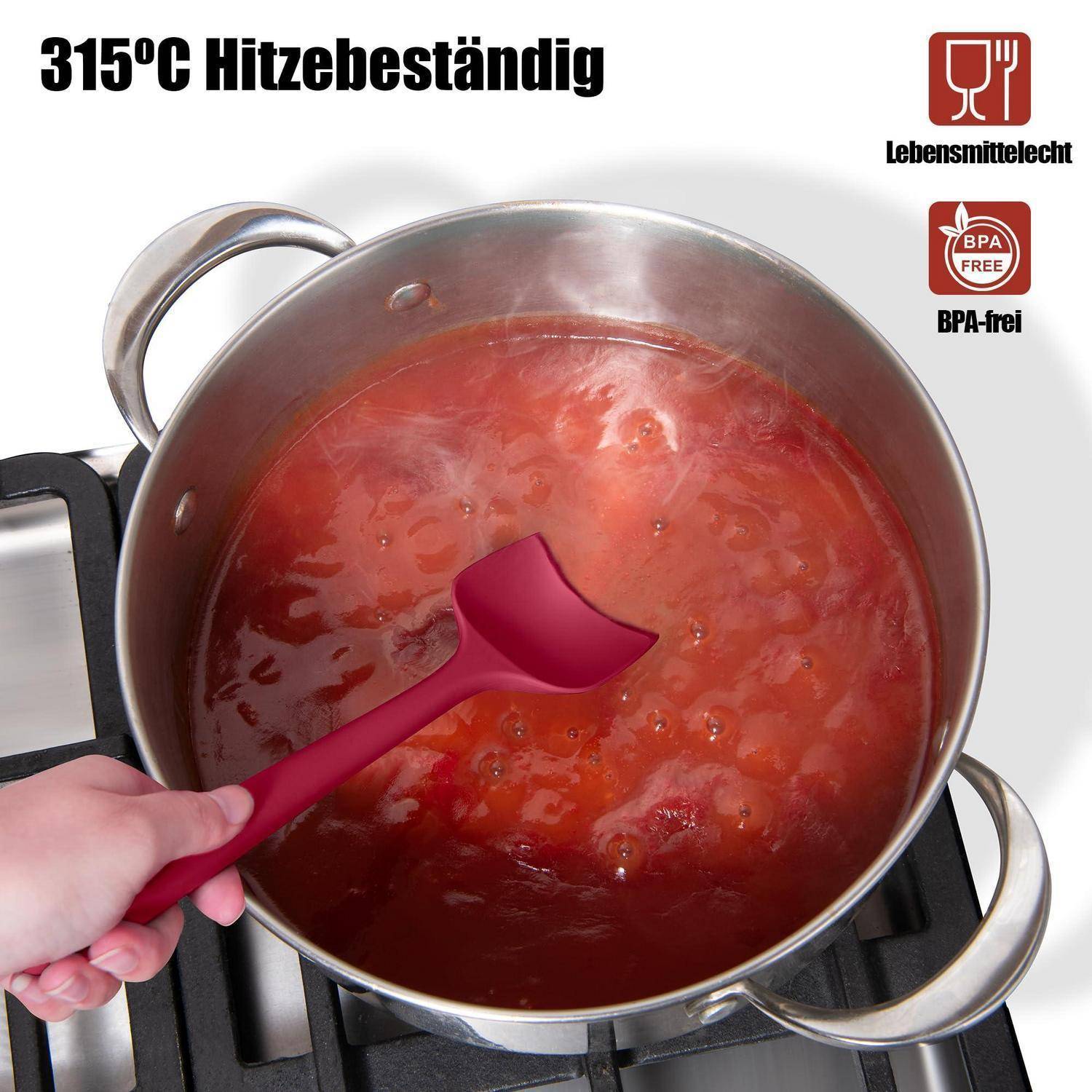 Topf mit kochender roter Flüssigkeit, während eine Hand mit einem rosa Spatel rührt; Text sagt '315°C Hitzebeständig' und 'BPA-frei' mit Lebensmittel-Sicherheitssymbolen.