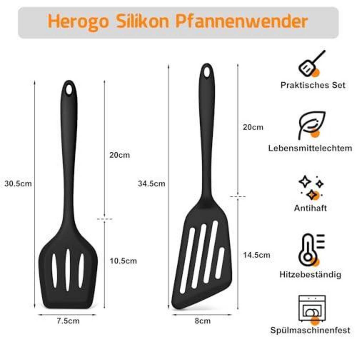 Vergleichsbild von zwei schwarzen Silikon-Pfannenwendern mit Maßangaben, beschriftet mit „Herogo Silikon Pfannenwender
