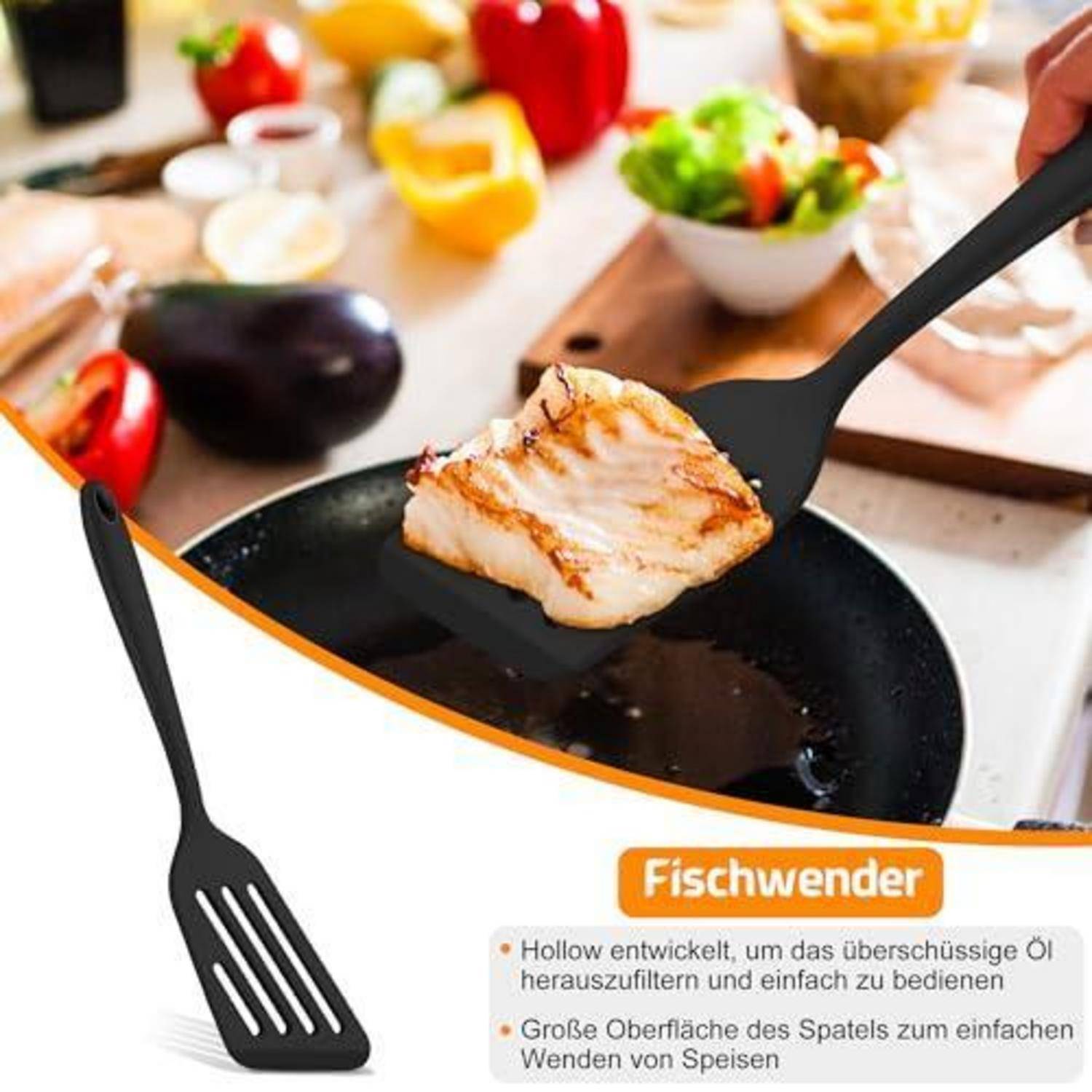 Schwarzer Fischwendespatel mit Schlitzen hebt ein gegrilltes Fischfilet aus einer Pfanne, mit deutschem Produkttext, der die einfache Ölablauf-Funktion und die breite Oberfläche hervorhebt.