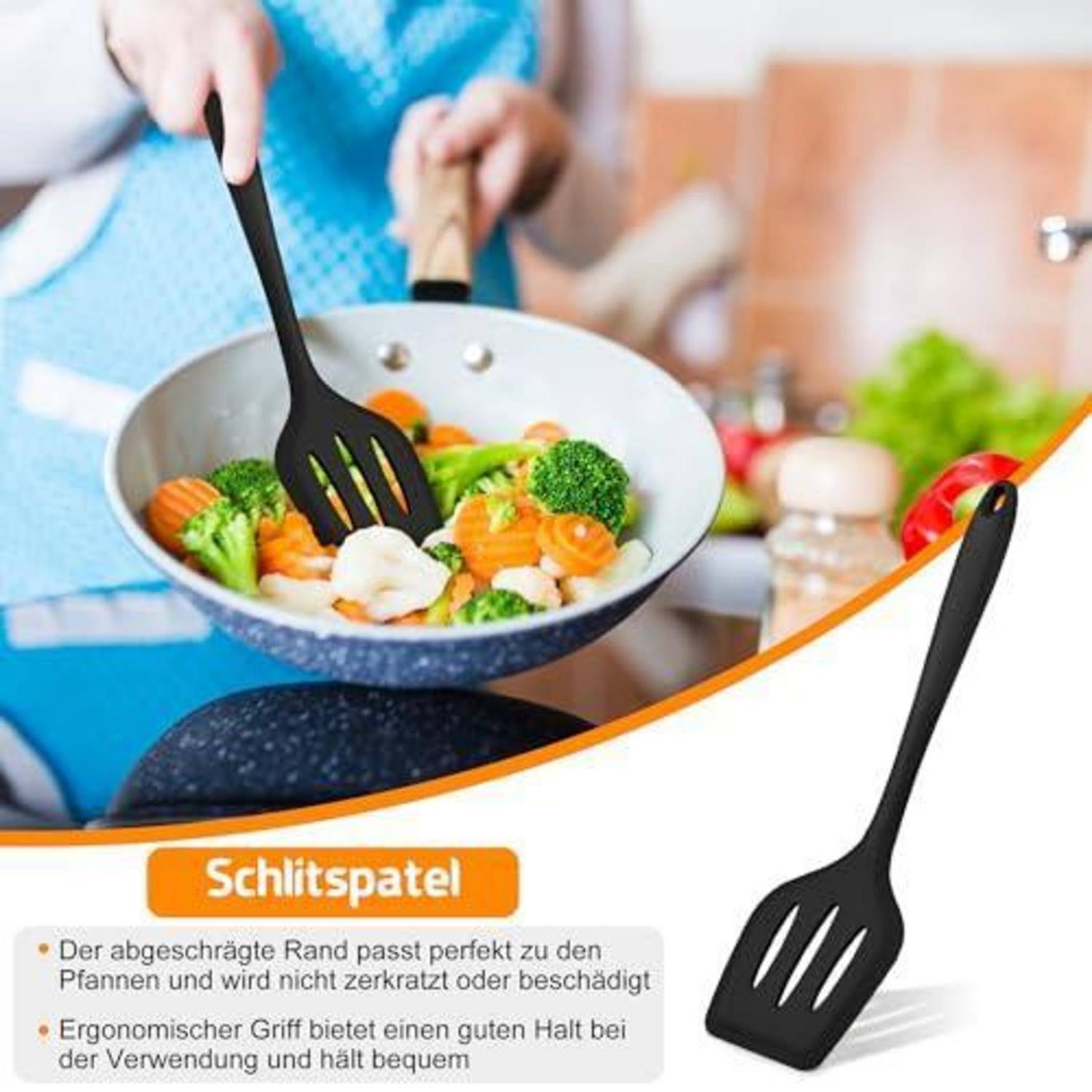 Schwarzer Schlitzspatel hebt Gemüse in einer Pfanne, gezeigt als Produktbild mit der deutschen Bezeichnung 