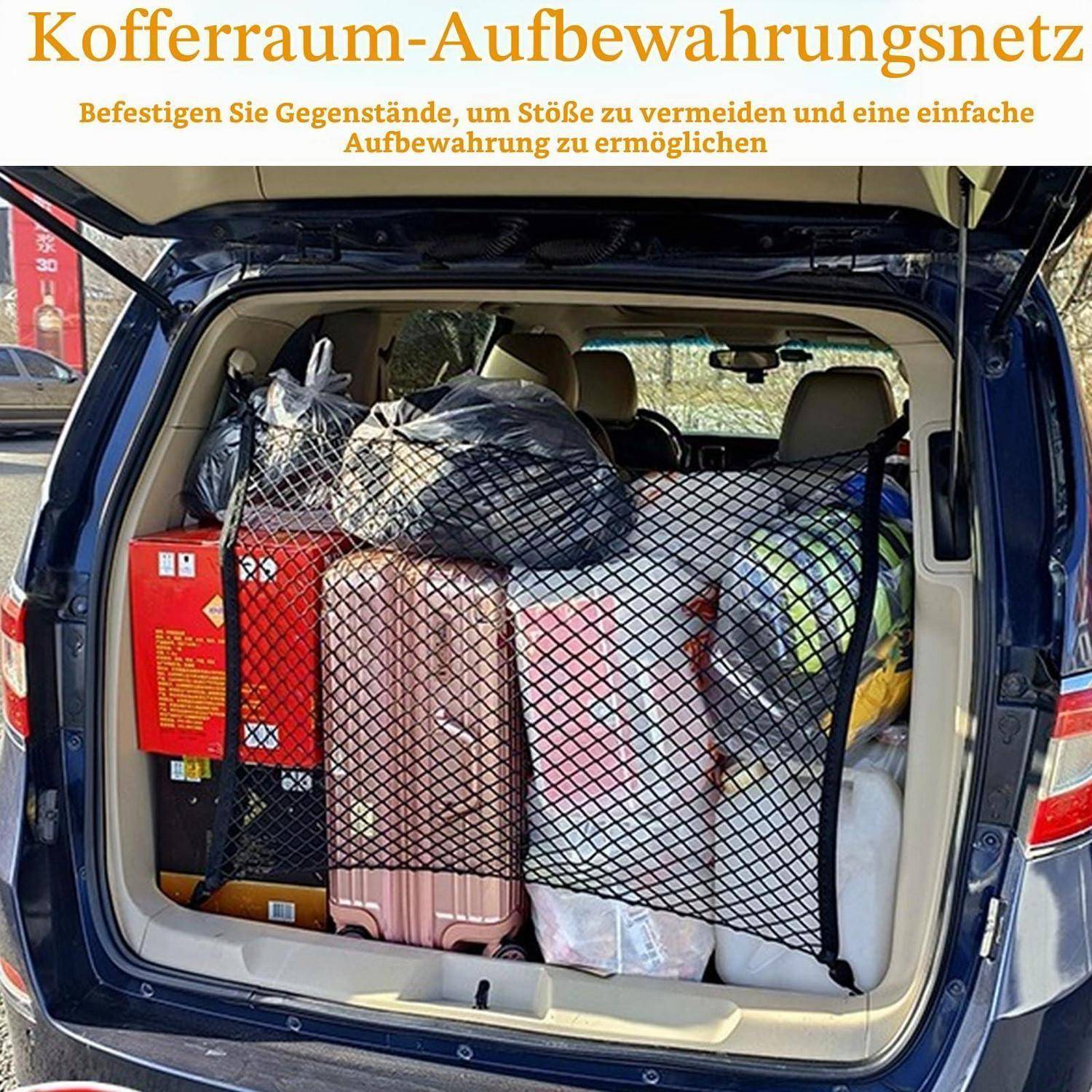 Cargo-Netz für Kofferraum hält Gepäck und Taschen an ihrem Platz; der deutsche Text besagt, dass es hilft, Verschiebungen zu verhindern und einfache Lagerung ermöglicht.