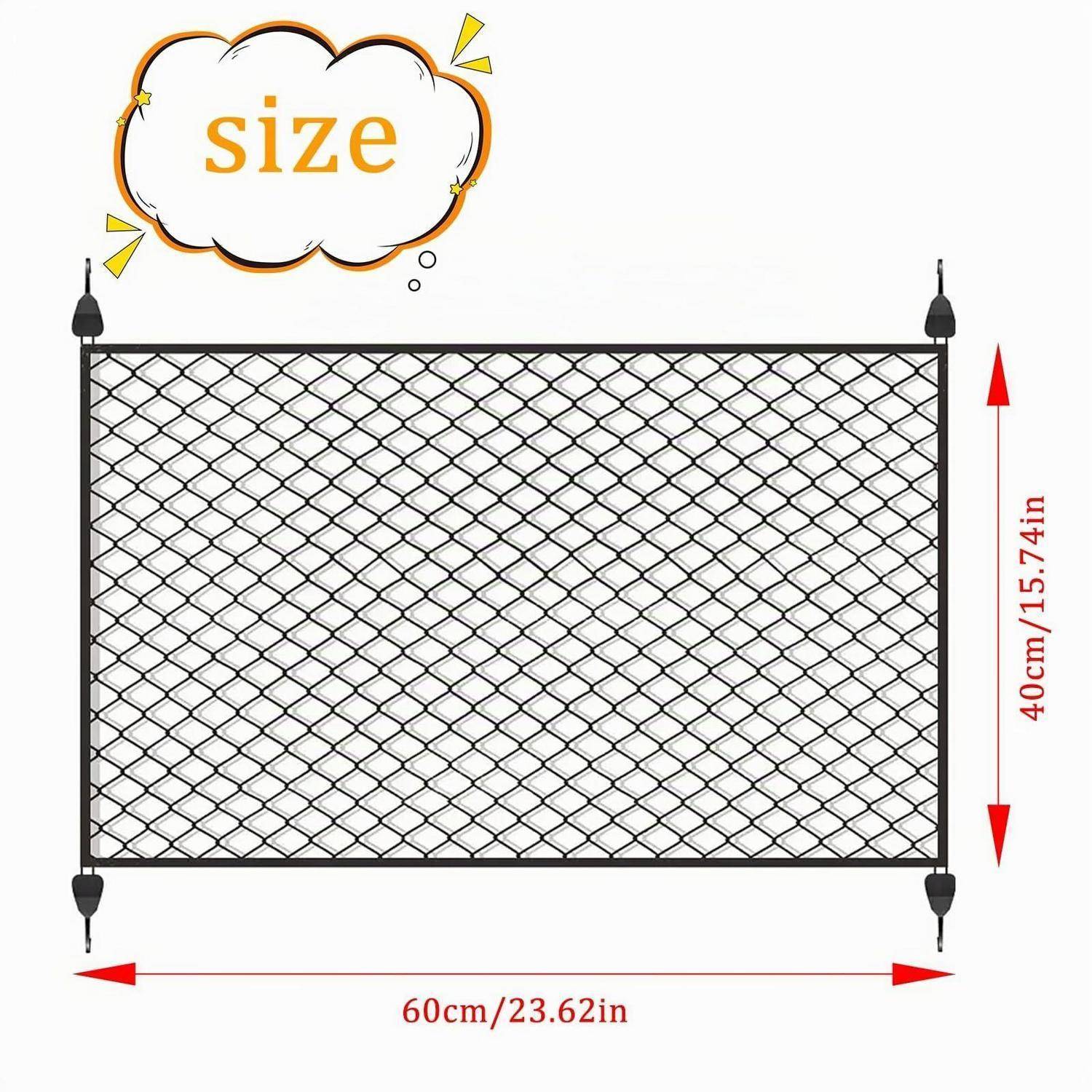 Maschenbarriere-Panel mit der Bezeichnung "Größe"", das Abmessungen von 60 cm Breite mal 40 cm Höhe (23,62 x 15,74 Zoll) zeigt.