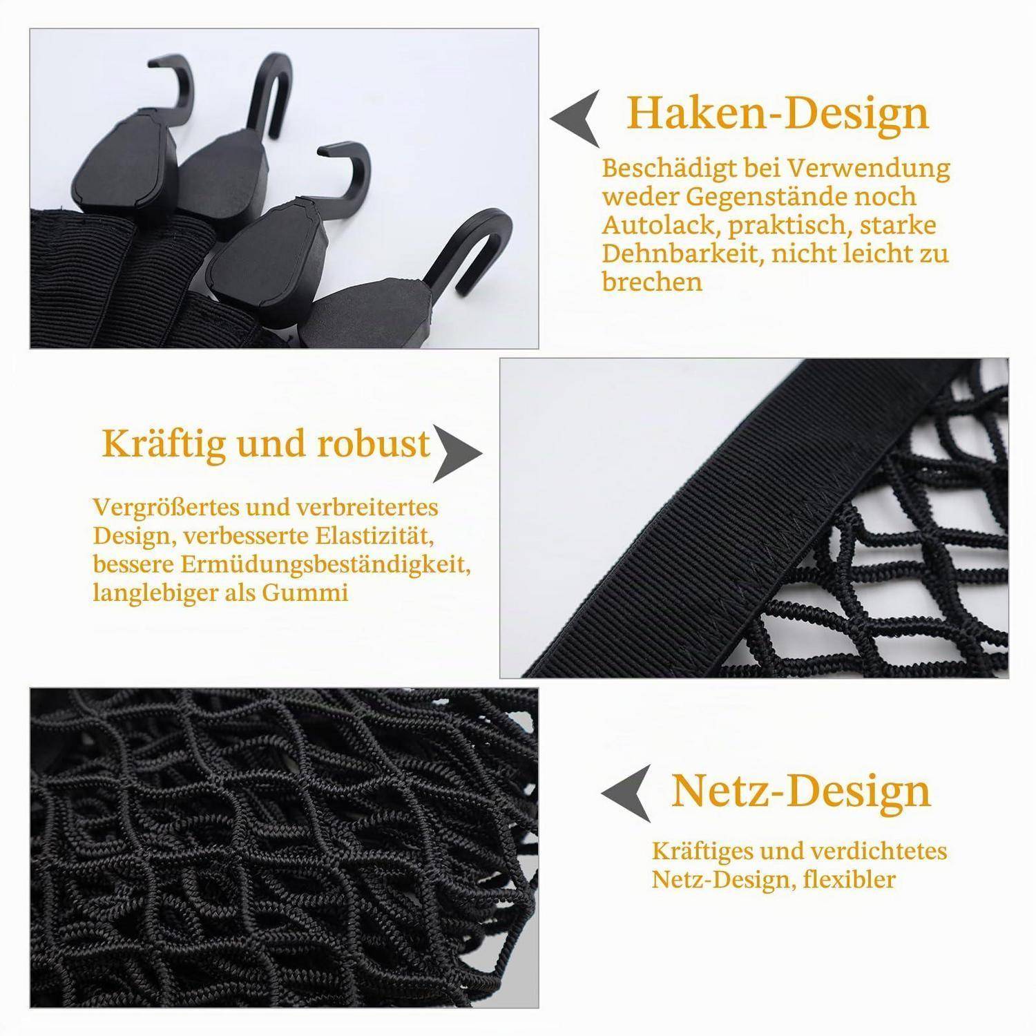 Produktgrafik zeigt schwarze Bungee-Seile mit deutschen Beschriftungen, die das Hakenkonstruktion, Festigkeit und Maschendesign-Merkmale hervorheben.