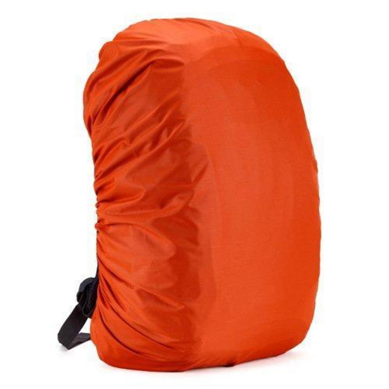 Orange wasserdichte Regenschutzhülle für Rucksack mit schwarzem Riemen, auf weißem Hintergrund dargestellt.