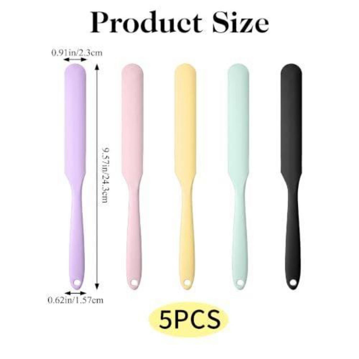 Größentabelle für Produkte mit fünf schlanken Spachteln in Lila, Pink, Gelb, Mint und Schwarz; jede misst 9,5 x 2,3 cm, beschriftet mit „5er SET