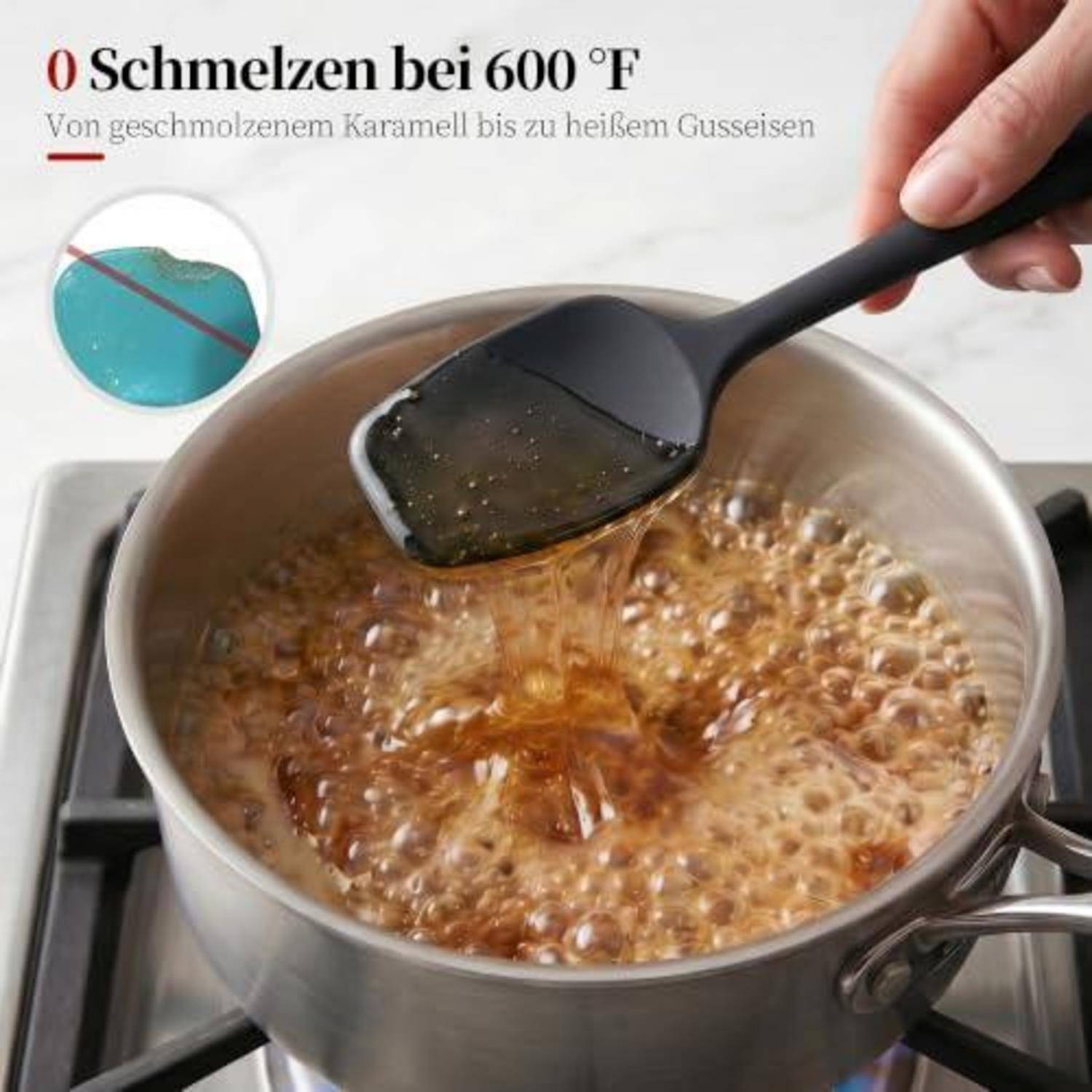 # Karamel in einem Topf auf dem Herd kochen, mit deutschem Text „Schmelzen bei 600°F