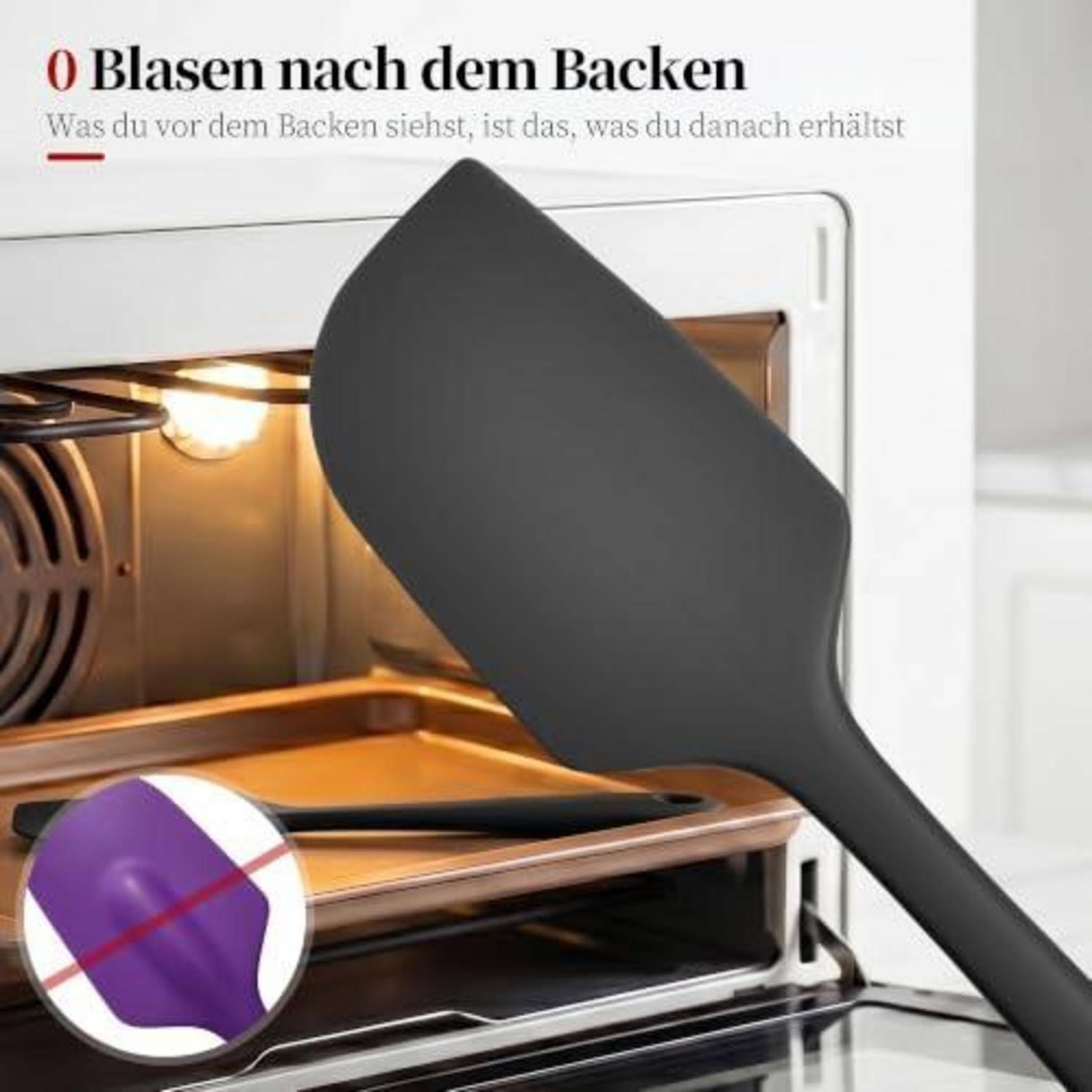 Abbildung eines schwarzen Silikonspachtels zum Entnehmen von Backwaren aus dem Ofen, mit deutschem Text „0 Blasen nach dem Backen