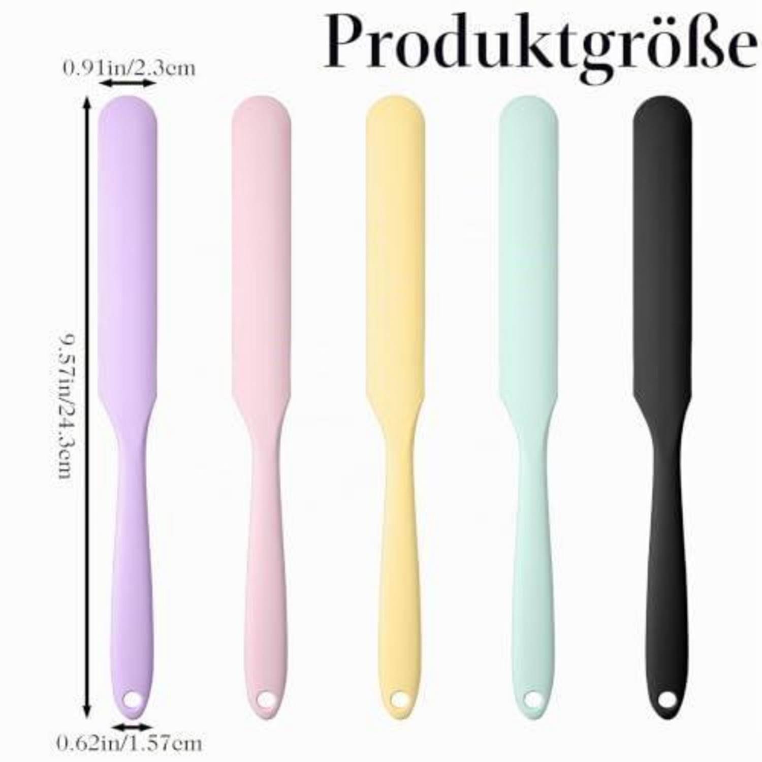 Größentabelle für Produkte, die fünf Paddel aus Silikon in Pastellfarben und Schwarz mit Maßen zeigt: 9,57 Zoll lang, 0,91 Zoll breit an der Spitze, 0,62 Zoll am Griffende.