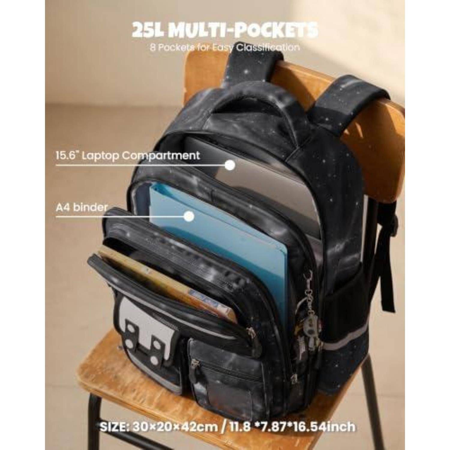 Schwarzer Rucksack mit beschrifteten Aufbewahrungsfächern, einschließlich eines 15,6-Zoll-Laptop-Fachs und einer A4-Bindertasche; Größe angegeben als 30×20×42 cm.