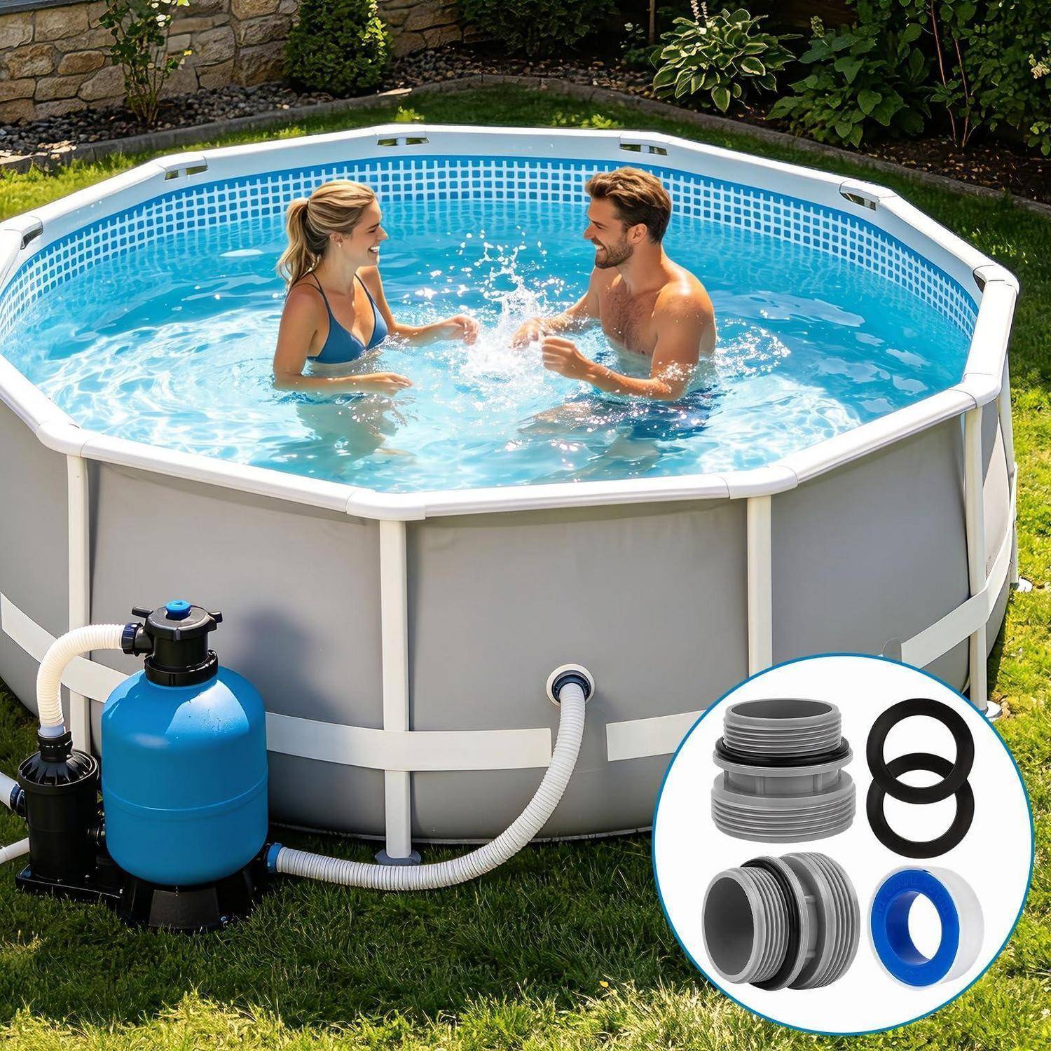 Paar in einem aufgestellten Pool mit einer Poolpumpe und einem Schlauch außen; die Vergrößerung zeigt Sanitärinstallationen und O-Ringe.