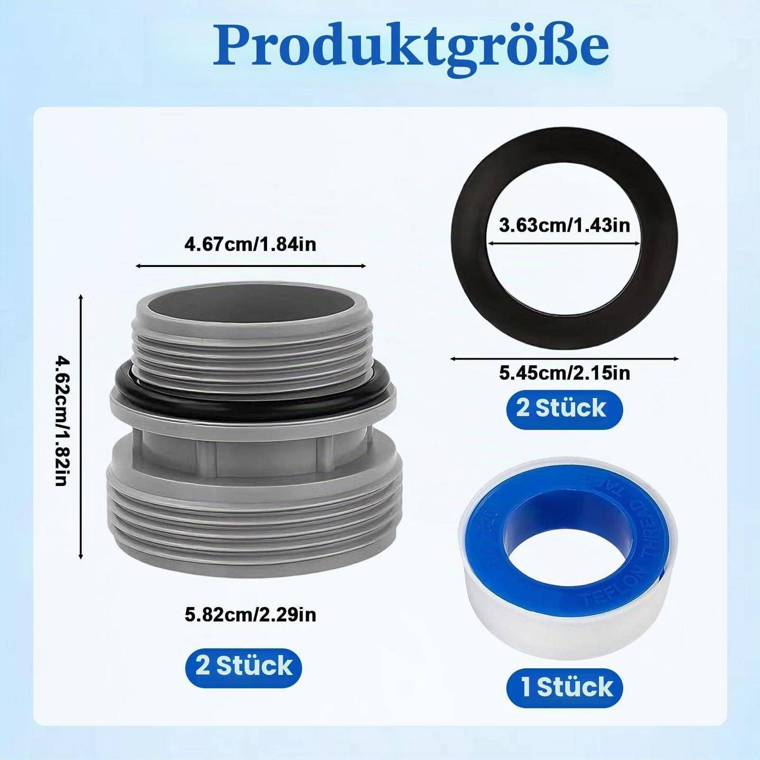 Größentabelle für Produkt mit einem gewindefitted grauen Fitting, einem schwarzen Ring und einem blau-weißen Ring mit Abmessungen in cm und Zoll sowie Mengen '2 Stück' und '1 Stück'.