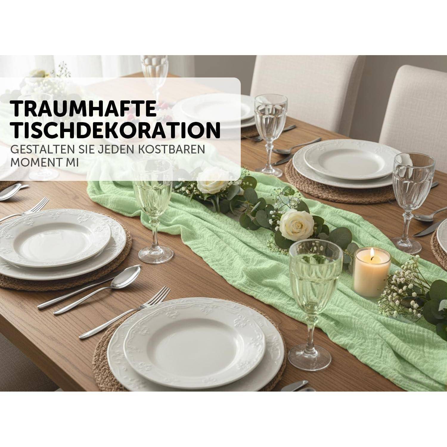 Tischläufer Musselin 85x300cm Eukalyptus Grün Waschbar
