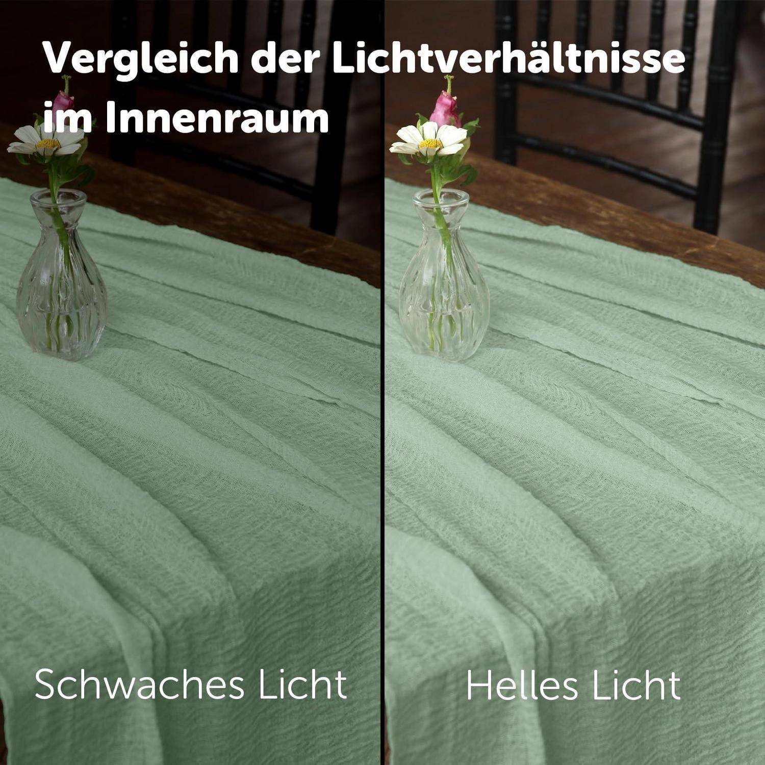 Geteilte Vergleichsdarstellung von Innenbeleuchtung: „Schwaches Licht" auf der linken Seite und „Helles Licht"" auf der rechten Seite, zeigt eine Blume in einer Vase auf einem grünen Tuch.