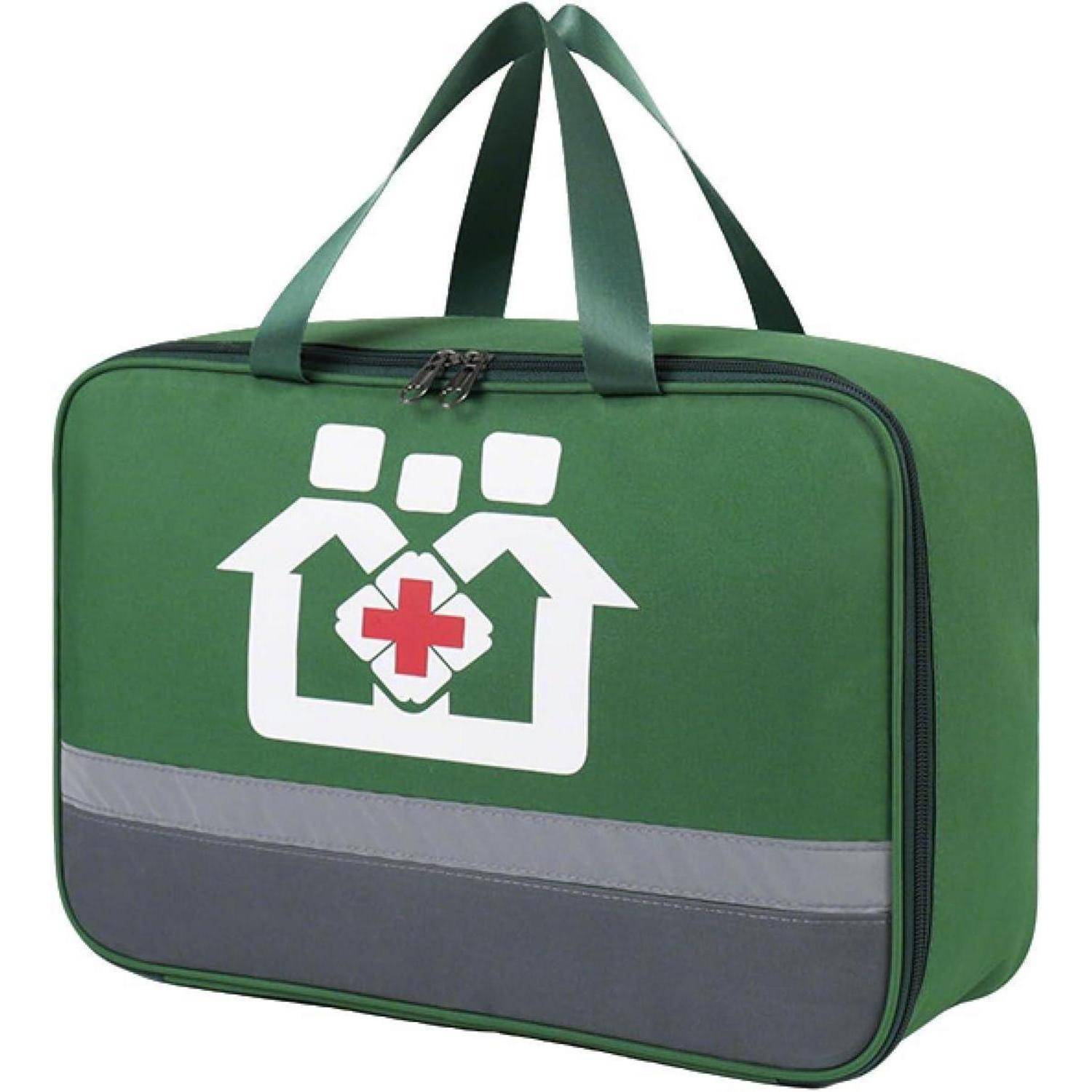 Grüne Notfallfirstaid-Tasche mit Griffen, weißem Haus und rotem Kreuzlogo sowie reflektierendem grauem Streifen auf der Vorderseite.