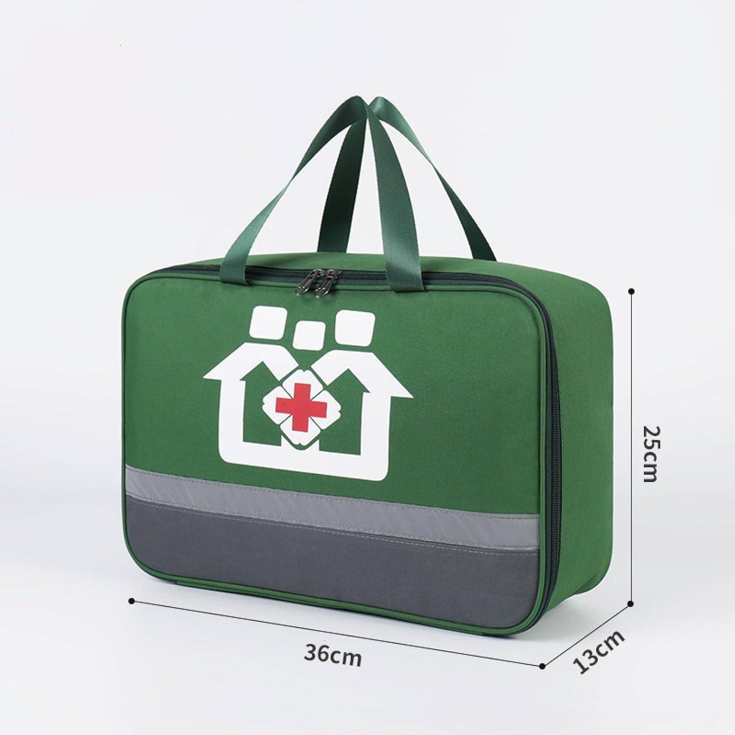 Grüne Erste-Hilfe-Tasche mit Reißverschluss, Griffen und reflektierendem Streifen, gekennzeichnet mit einem Haus-und-Kreuz-Medizinsymbol; Abmessungen 36 cm x 25 cm x 13 cm.