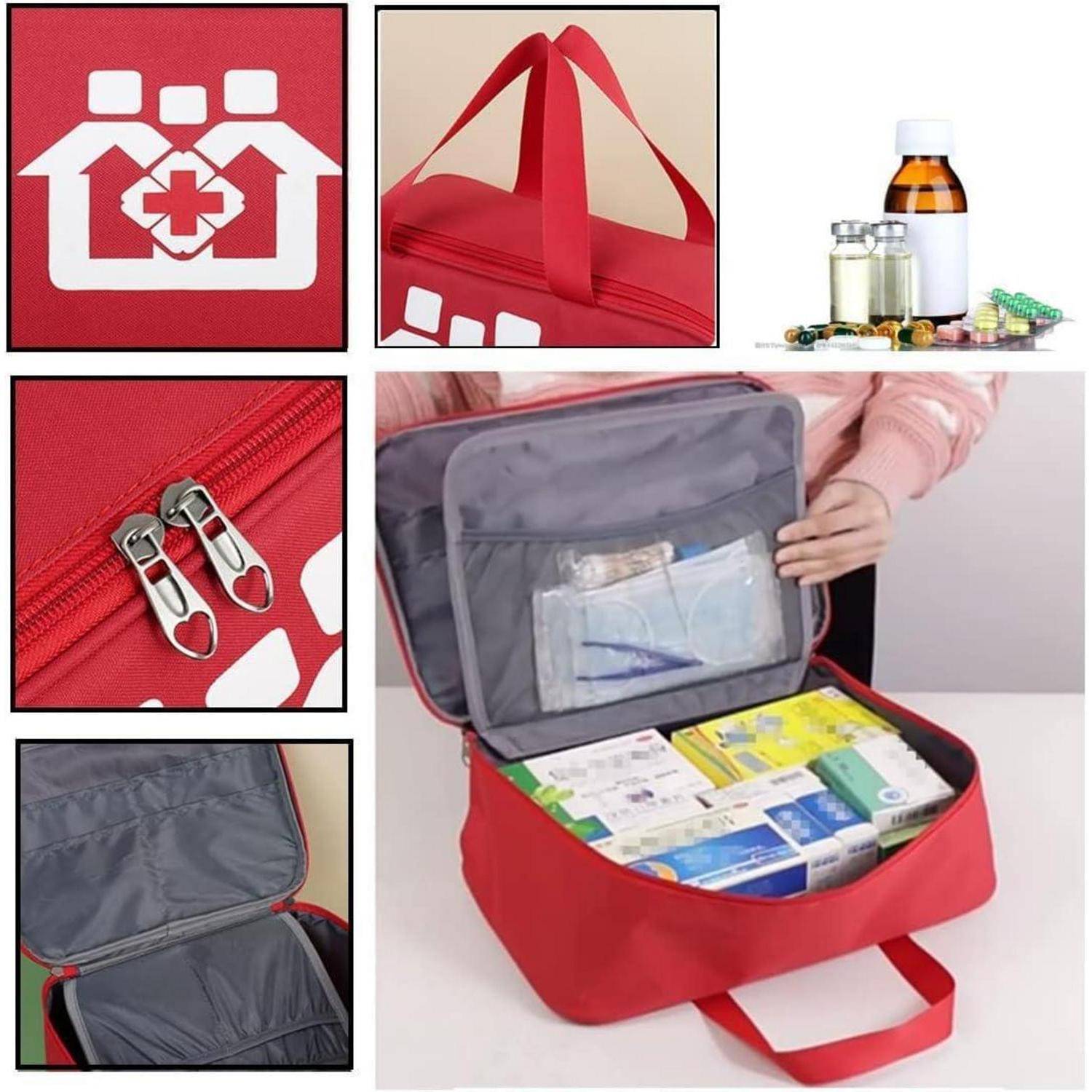 Rote Erste-Hilfe-Tasche mit weißem Medizinischen Kreuz, geöffnet dargestellt und gefüllt mit Medikamenten und Verbrauchsmaterialien; Nahaufnahmen zeigen Reißverschlüsse, Griffe und Taschen.