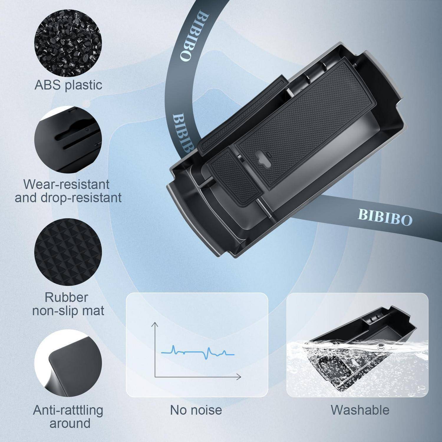 Werbegrafik eines BIBIBO-Autotelefonhalters mit ABS-Kunststoff, verschleißfestem, stoßfestem Design, Gummimatte mit Rutschfestigkeit, Vibrationsschutz, geräuschlos und waschbar.