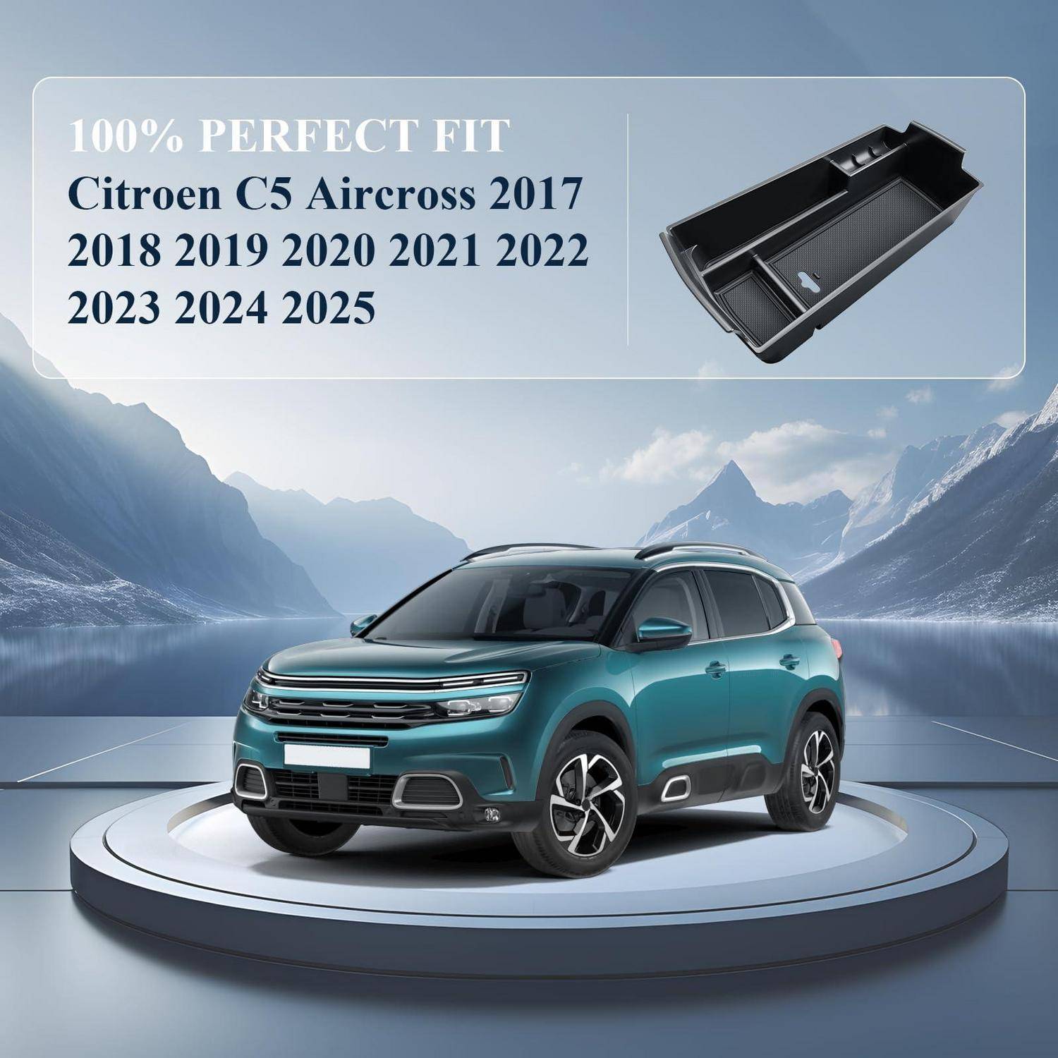 Werbebild eines Citroën C5 Aircross mit einem benutzerdefinierten Mittenkonsolen-Tablett, mit der Aufschrift "100% PERFECT FIT"" für Modelle 2017-2025.