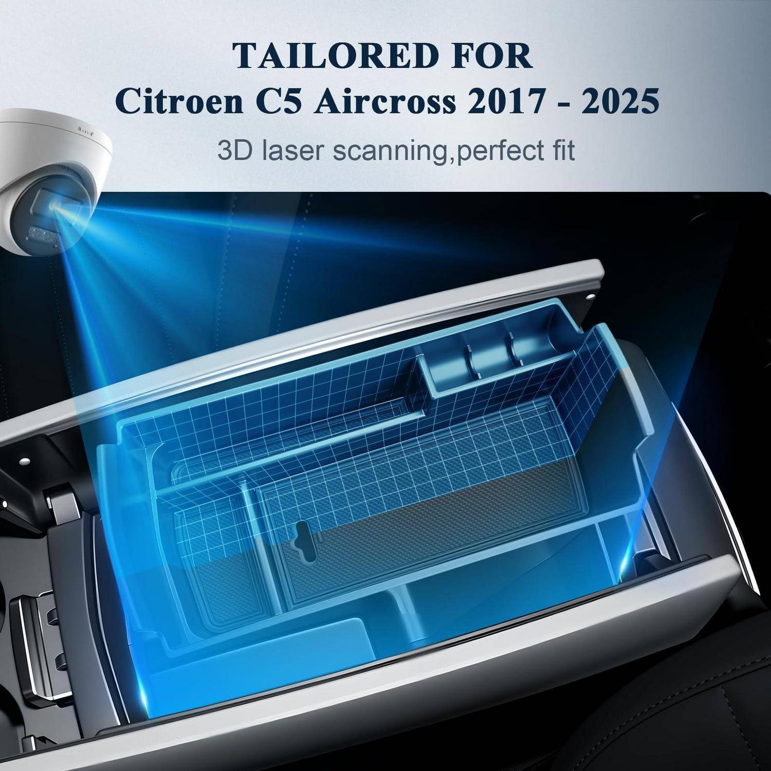 Werbegrafik zeigt einen 3D-Laser-Scan einer Mittelkonsolen-Einsatz eines Autos, beschriftet mit „Speziell für Citroën C5 Aircross 2017 - 2025" mit „3D-Laser-Scanning, perfekte Passform"".