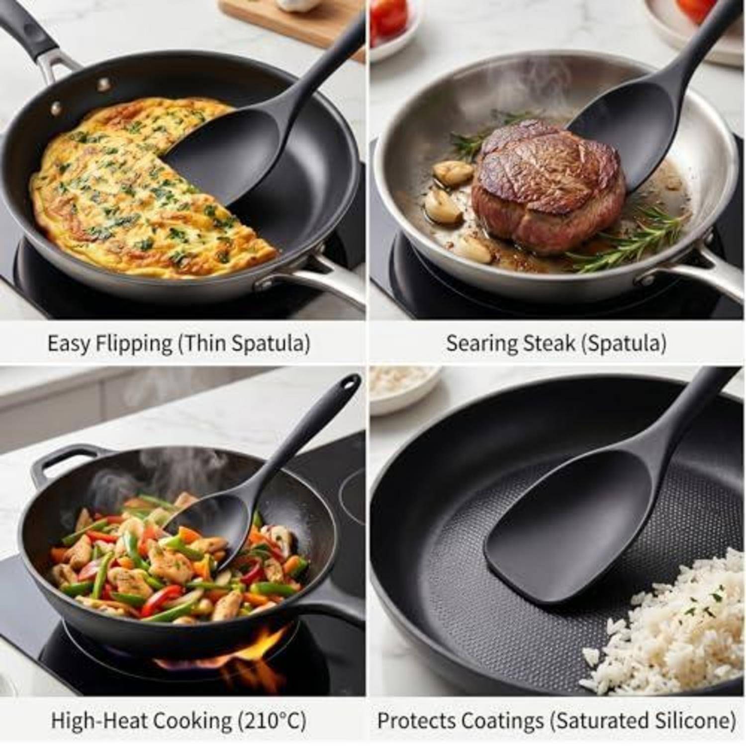 Vierteiliges Kochgeschirr-Angebot, das einen schwarzen Silikonspatel beim Wenden eines Omeletts, beim Anbraten von Steak, beim Stir-Frying bei hoher Hitze und beim Schutz von Antihaftbeschichtungen zeigt.