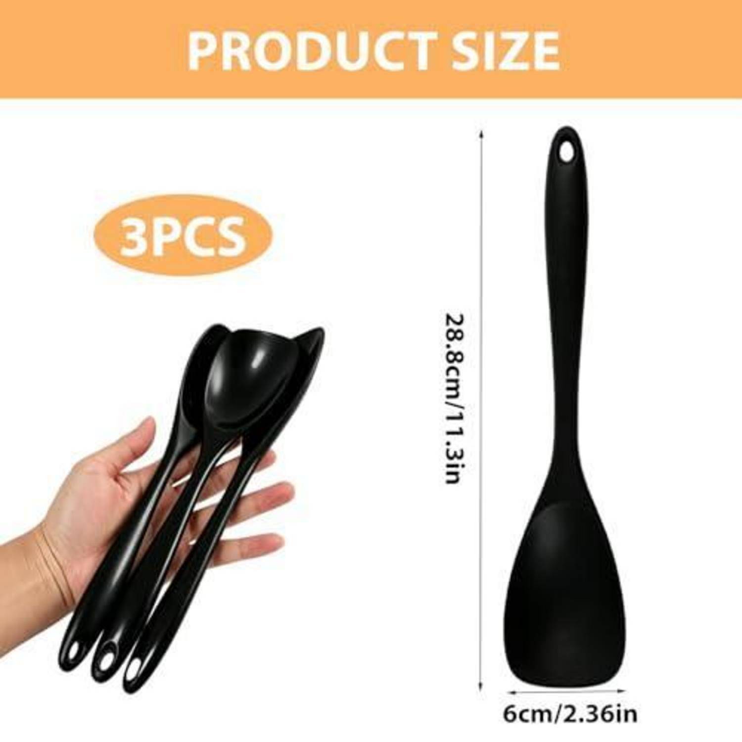 Produktgrößen-Grafik mit 3 schwarzen Kochutensilien, jeweils 28,8 cm hoch und 6 cm breit, mit 