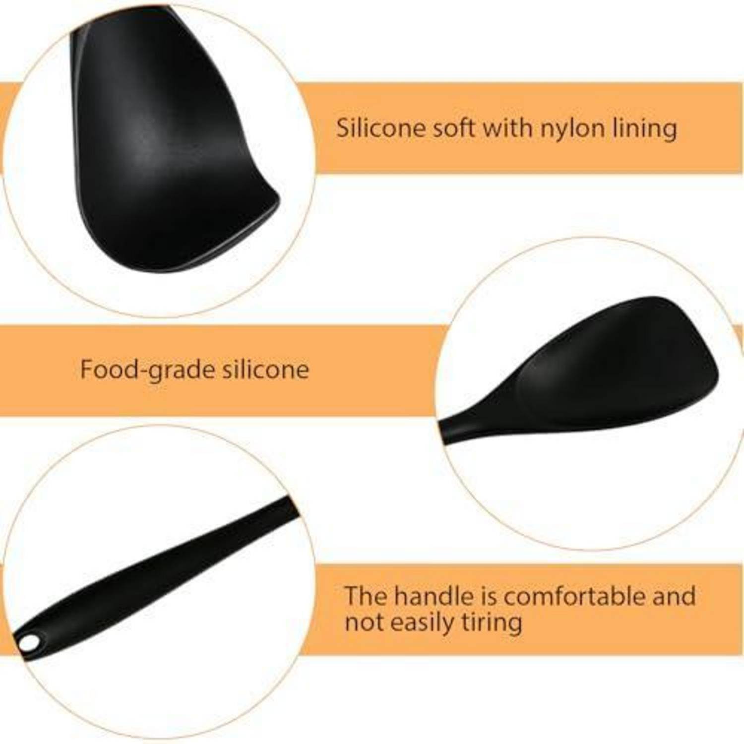 Infografik eines schwarzen Silikon-Küchenutensilgefäßlöffels, der hervorhebt 'weiches Silikon mit Nylon-Futter', 'lebensmittelechtes Silikon' und einen ergonomischen Griff.