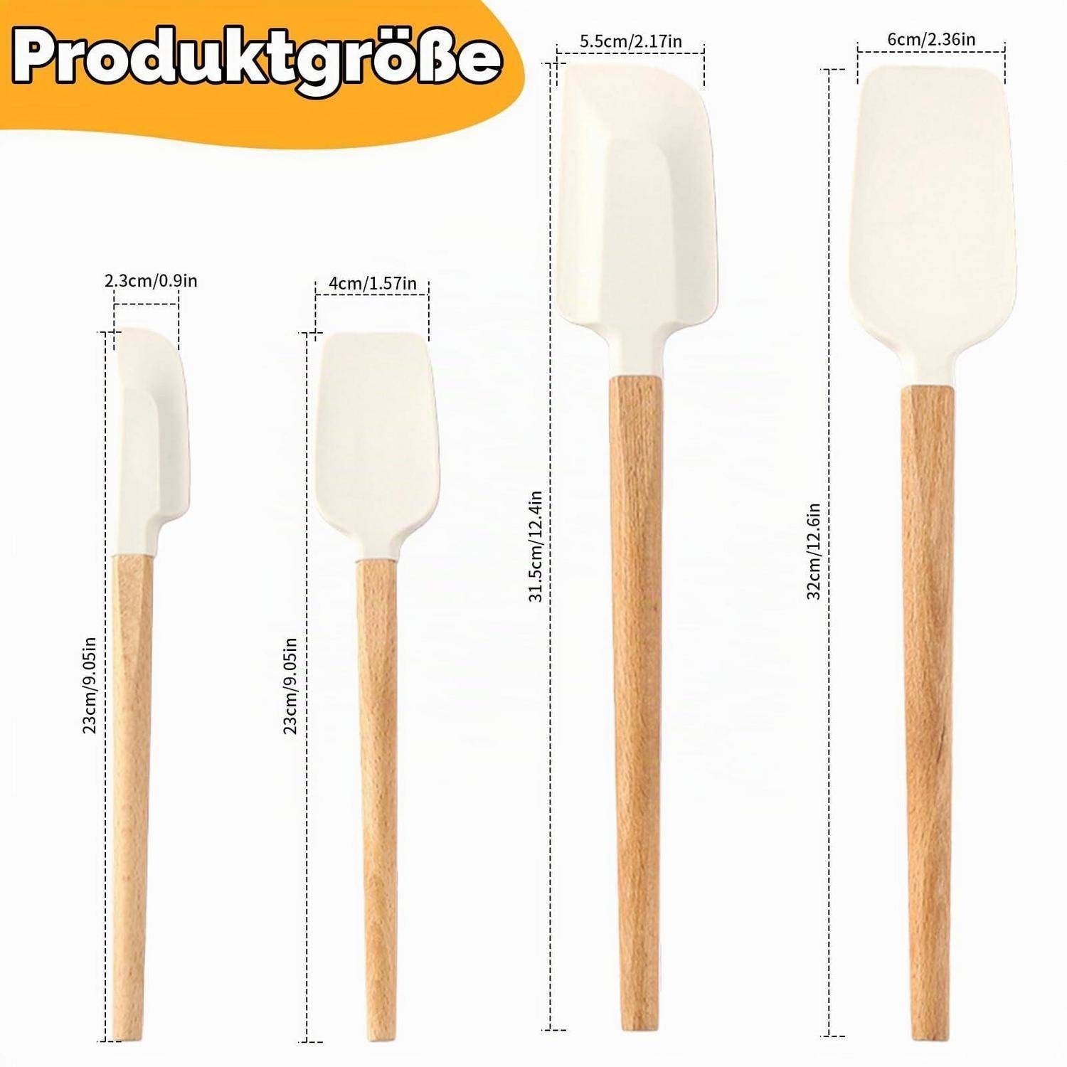 Produktgrößenvergleich von vier weißen Spachteln mit Holzgriffen, beschriftet mit Abmessungen von 23 cm bis 32 cm und Kopfbreiten von 2,3 cm bis 6 cm.