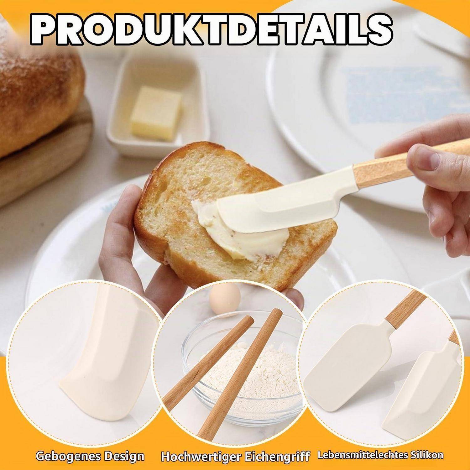 Produktdetailbild zeigt einen Brotschaber-Spatel, der Butter auf Toast verteilt, mit Beschriftungen für gebogenes Design, hochwertiger Holzgriff und lebensmittelechtes Silikon.