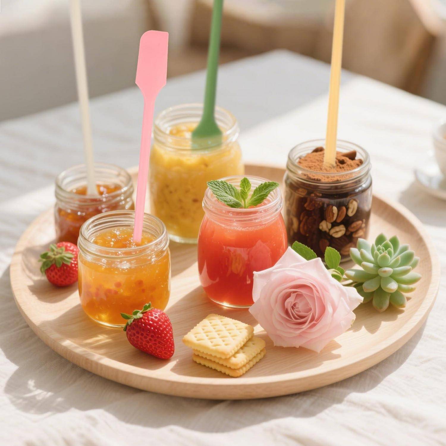 Verschiedene Gläser mit Fruchtdesserts oder Marmeladen auf einem runden Holztablett, mit Erdbeeren, Keksen, einer rosa Rose und einer Sukkulente als Garnierung.