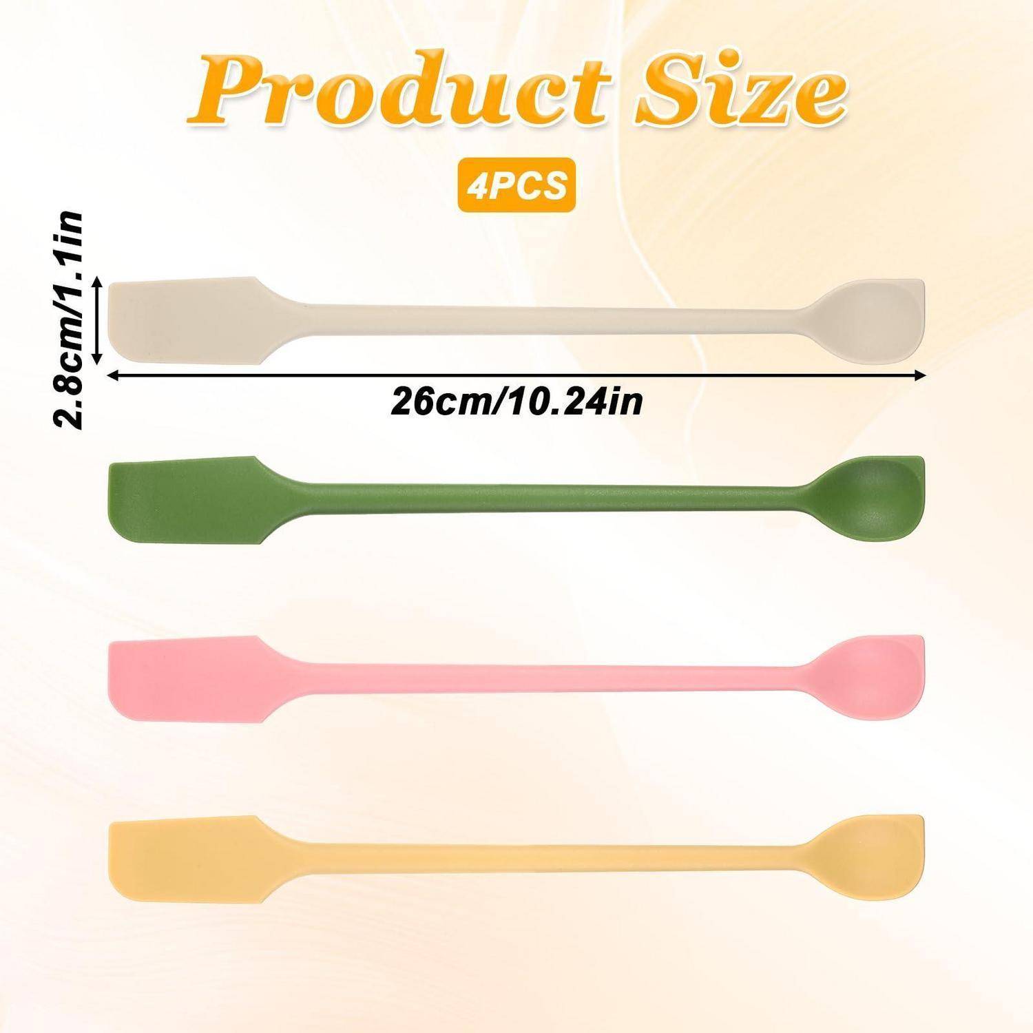 Produktgrößentabelle mit 4 Silikonspachteln in Beige, Grün, Rosa und Gelb; jeder ist 26 cm (10,24 Zoll) lang und 2,8 cm (1,1 Zoll) breit.