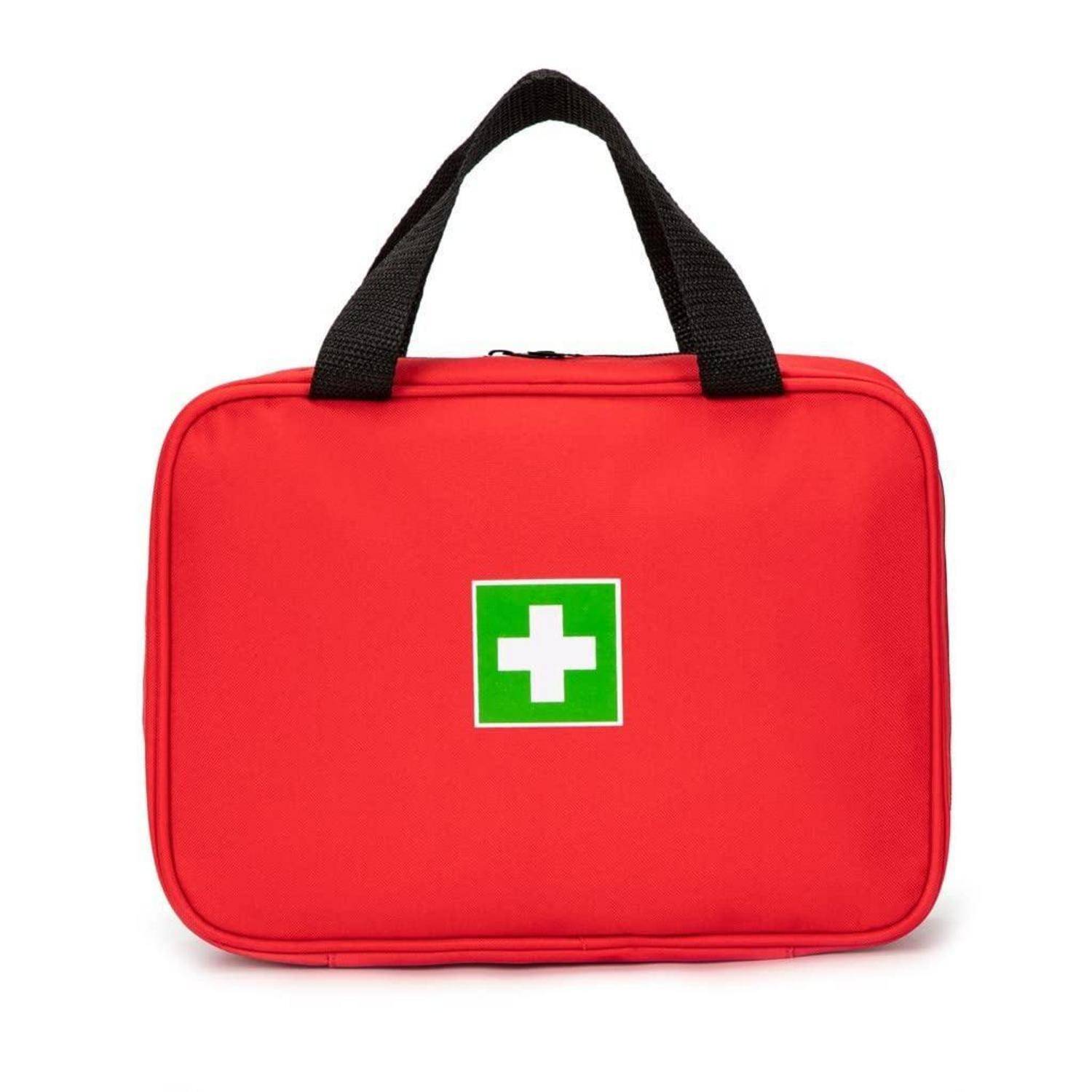 Rote Erste-Hilfe-Tasche mit schwarzen Griffen und einem grünen medizinischen Kreuz-Emblem auf der Vorderseite.