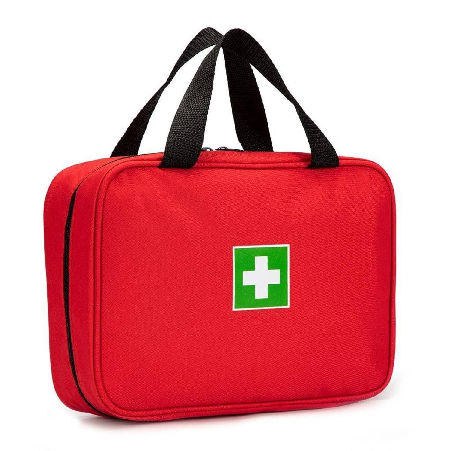 Rote Erste-Hilfe-Tasche mit schwarzen Griffen und einem grünen Kreuz-Emblem, abgebildet auf weißem Hintergrund.