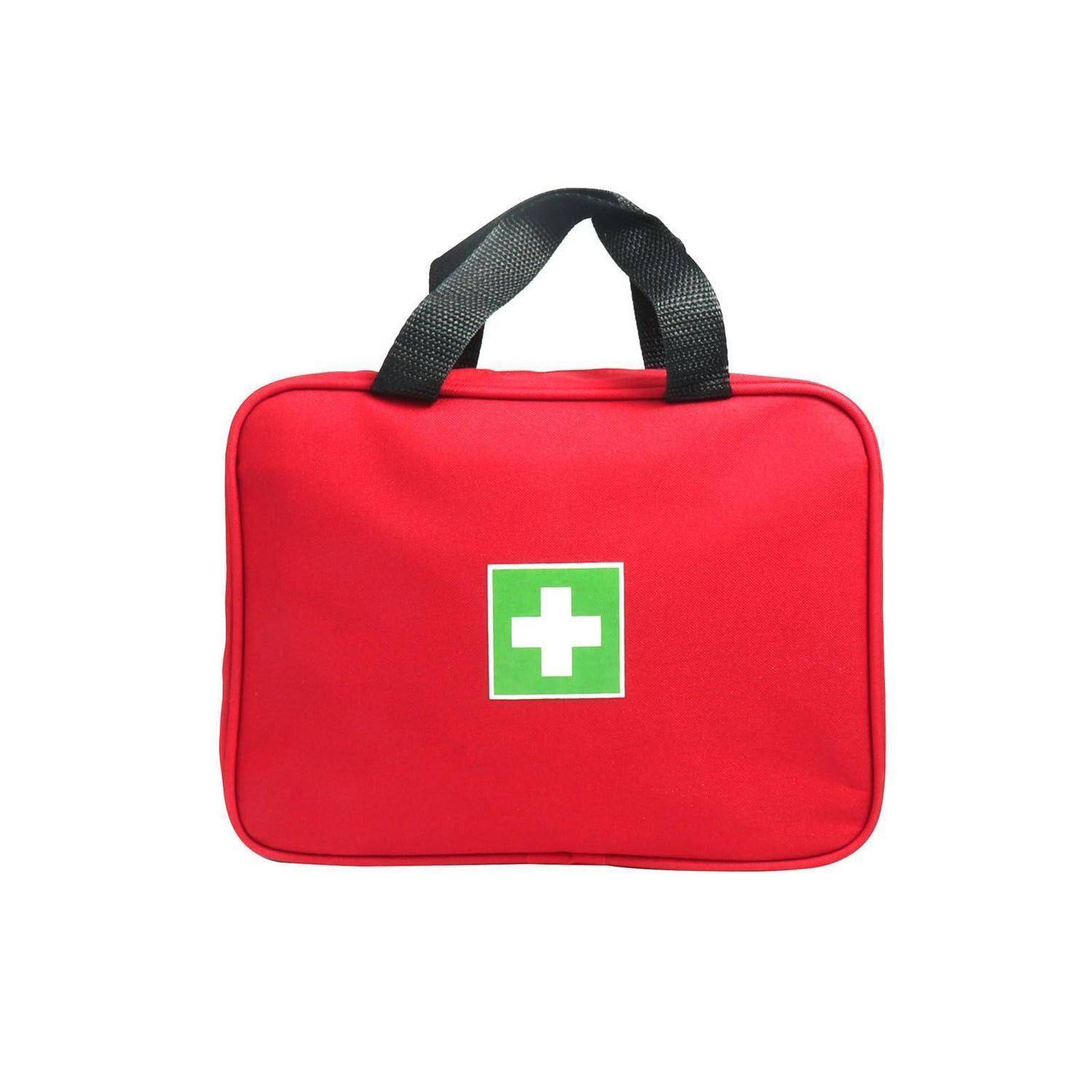 Rote Erste-Hilfe-Tasche mit schwarzem Griff und grünem Kreuzzeichen auf weißem Hintergrund.